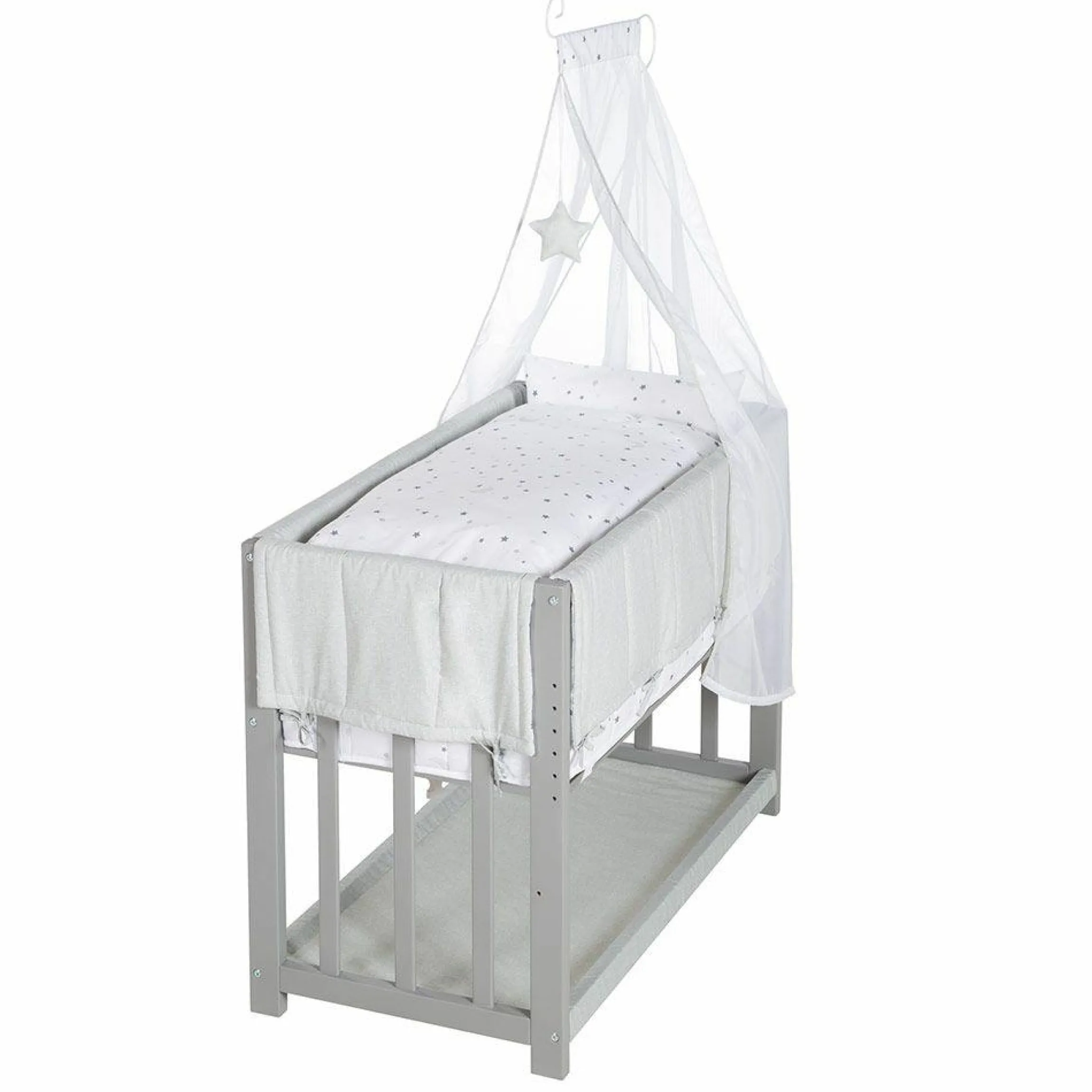 3in1 Stubenbett, Beistellbett, Bank & Textile-Ausstattung - Sternenzauber Grau - Taupe