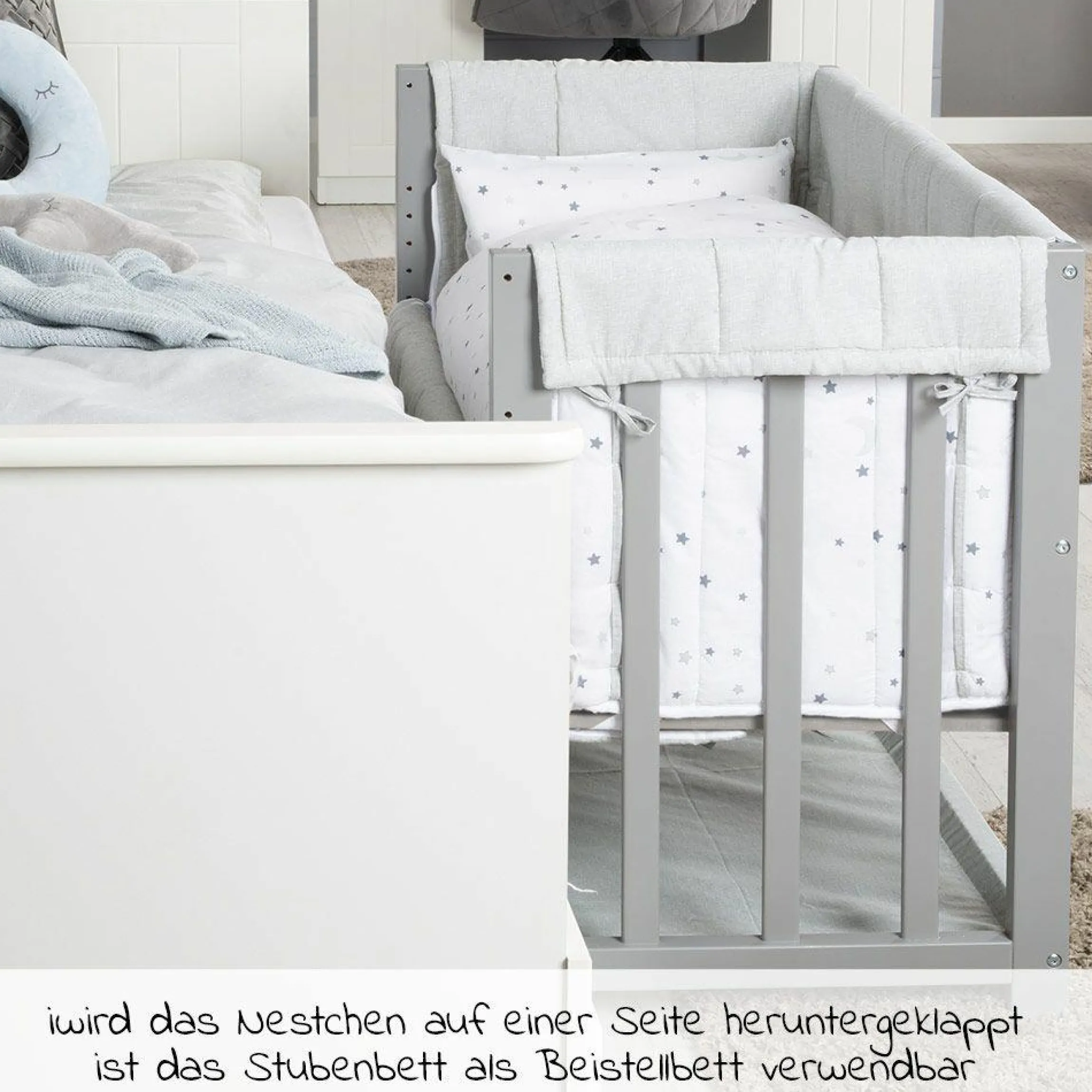 3in1 Stubenbett, Beistellbett, Bank & Textile-Ausstattung - Sternenzauber Grau - Taupe