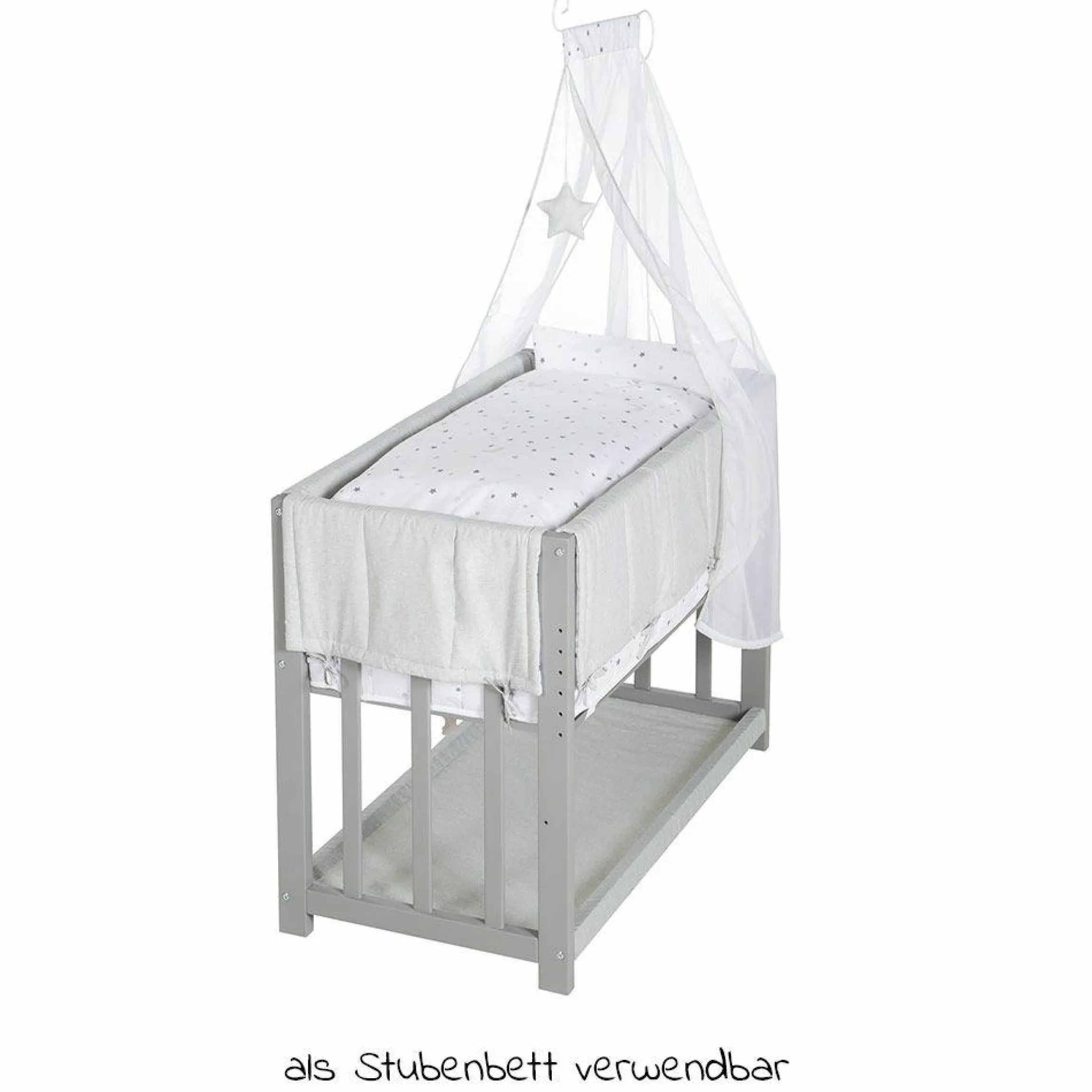 3in1 Stubenbett, Beistellbett, Bank & Textile-Ausstattung - Sternenzauber Grau - Taupe