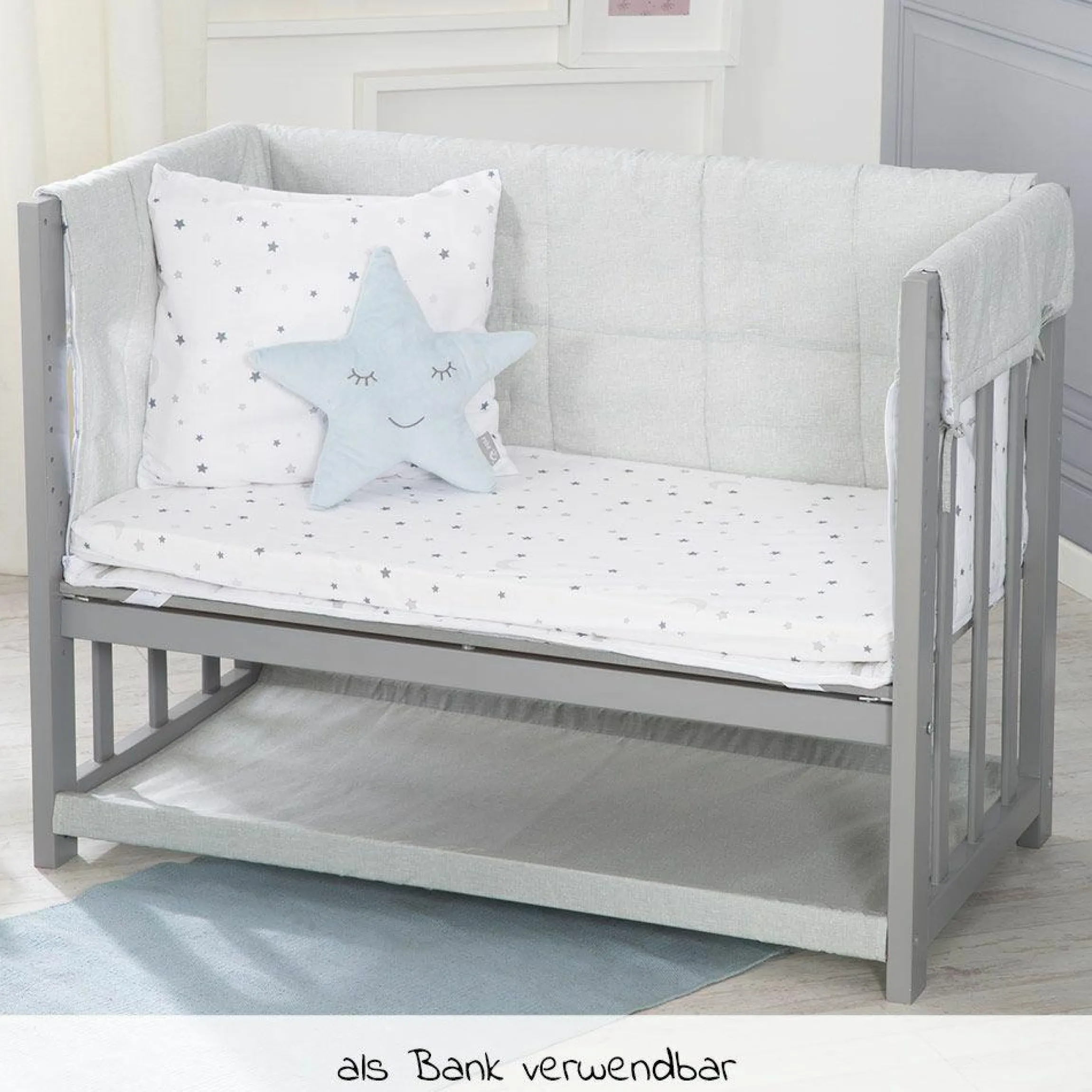 3in1 Stubenbett, Beistellbett, Bank & Textile-Ausstattung - Sternenzauber Grau - Taupe