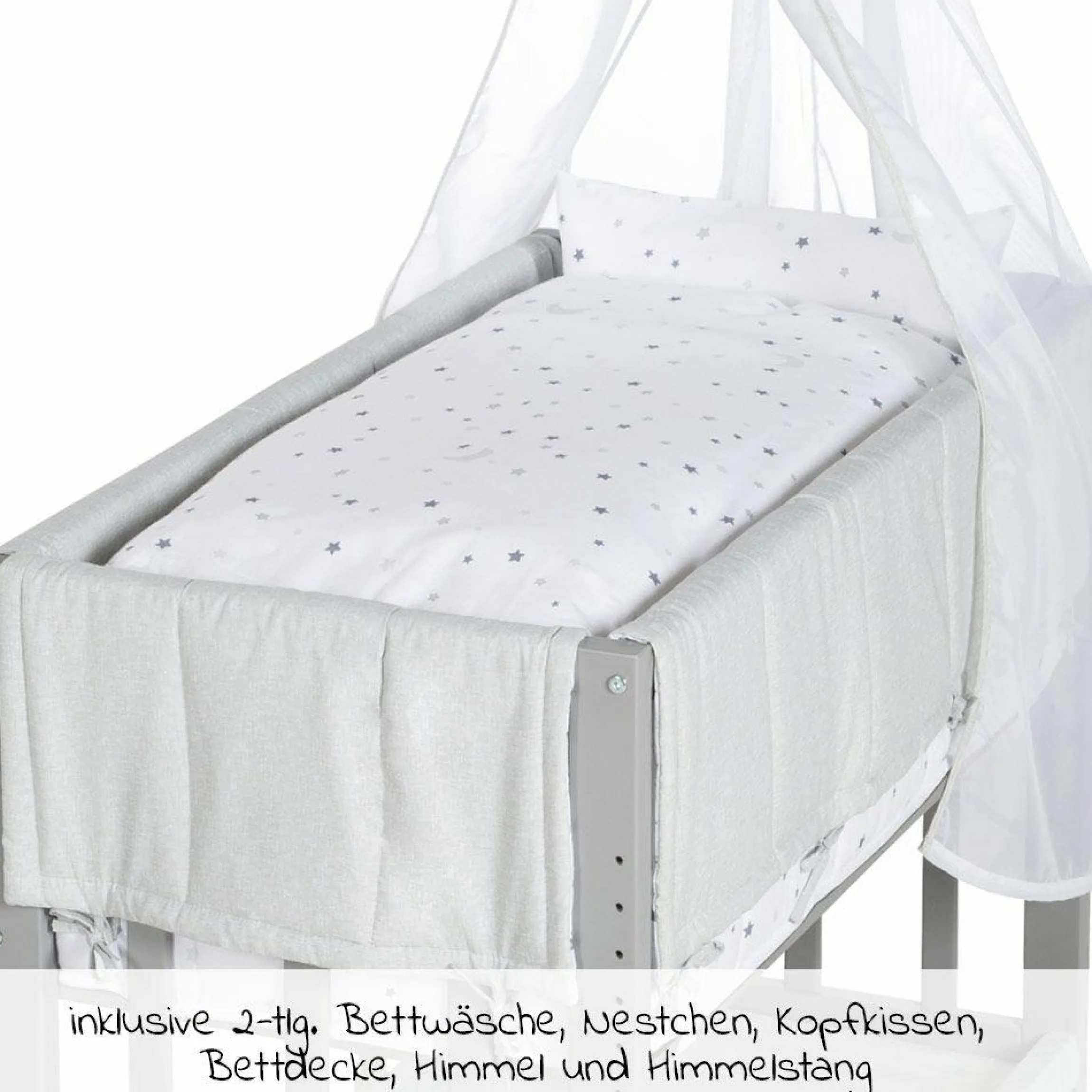 3in1 Stubenbett, Beistellbett, Bank & Textile-Ausstattung - Sternenzauber Grau - Taupe