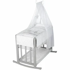 4in1 Stubenbett,  Beistellbett, Wiege und Bank & Textile-Ausstattung - Sternenzauber - Grau
