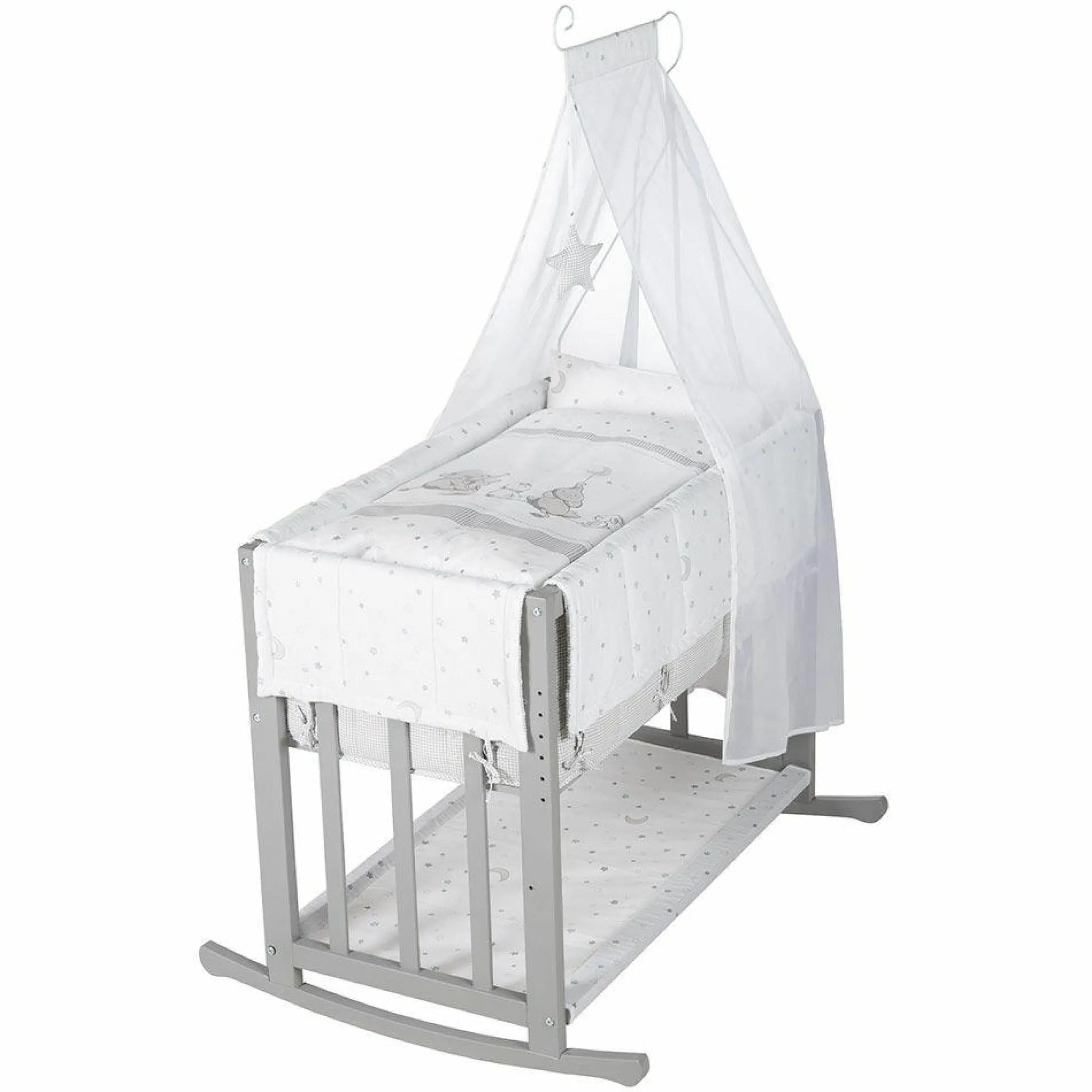 4in1 Stubenbett, Beistellbett, Wiege und Bank & Textile-Ausstattung - Sternenzauber - Grau