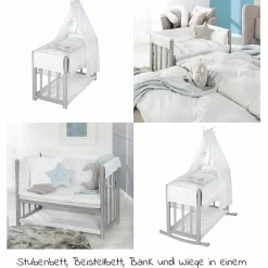 4in1 Stubenbett,  Beistellbett, Wiege und Bank & Textile-Ausstattung - Sternenzauber - Grau