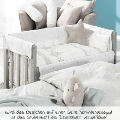 4in1 Stubenbett, Beistellbett, Wiege und Bank & Textile-Ausstattung - Sternenzauber - Grau