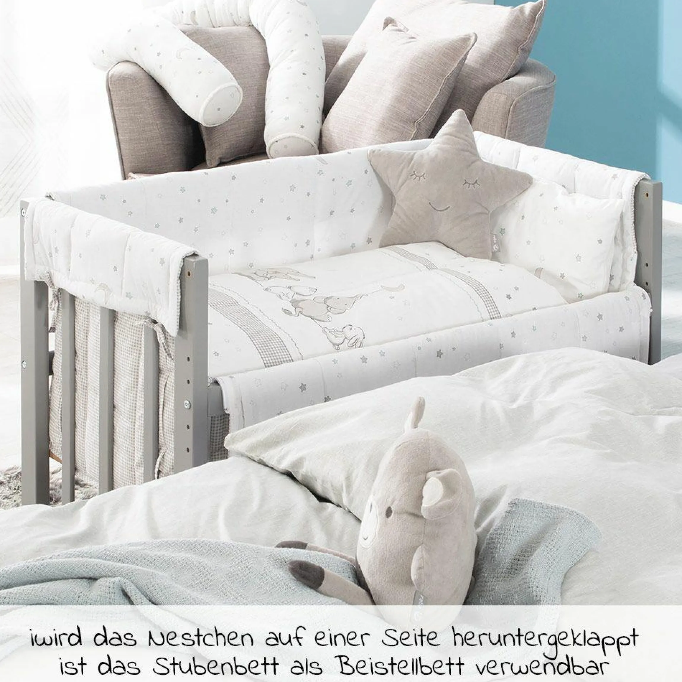 4in1 Stubenbett, Beistellbett, Wiege und Bank & Textile-Ausstattung - Sternenzauber - Grau