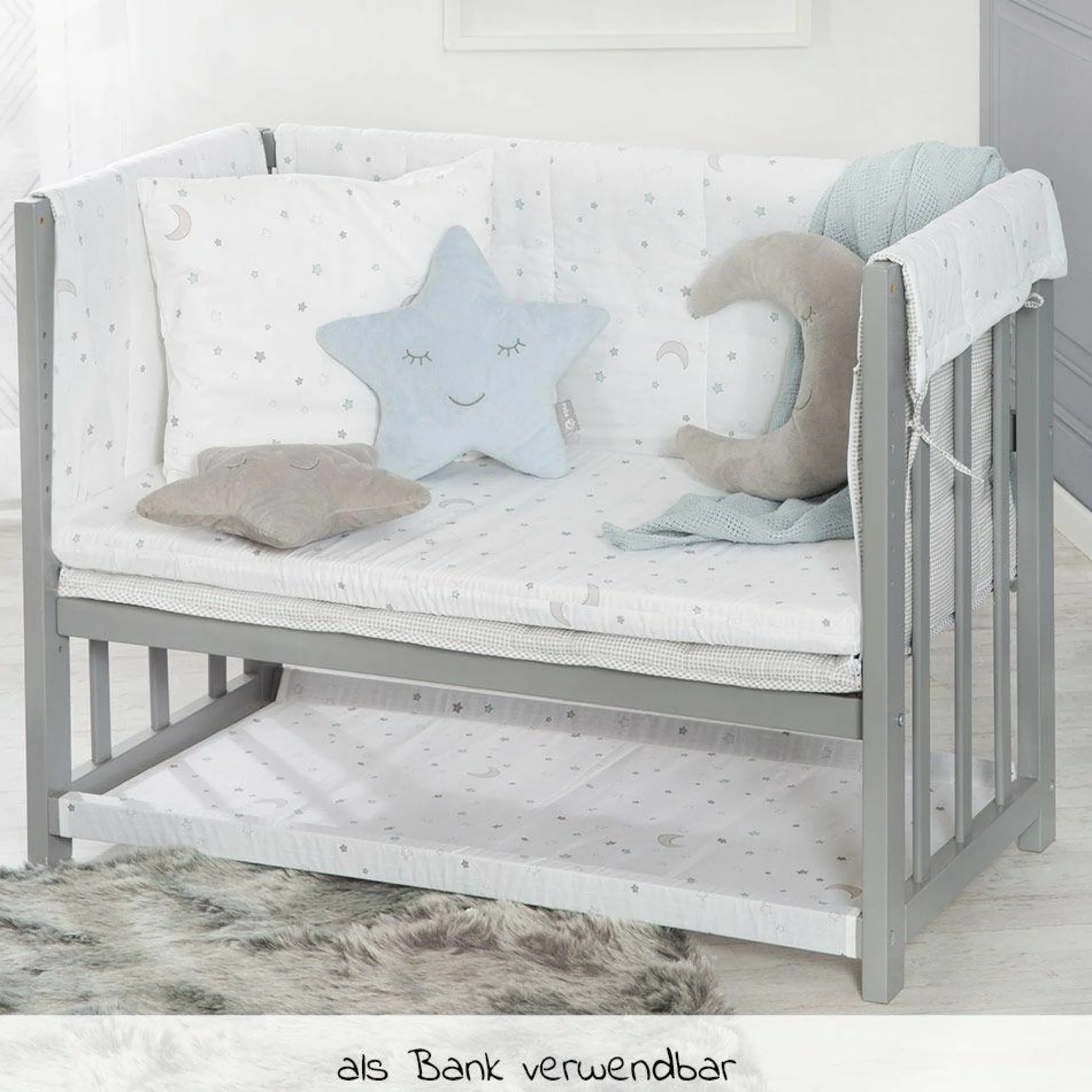 4in1 Stubenbett, Beistellbett, Wiege und Bank & Textile-Ausstattung - Sternenzauber - Grau