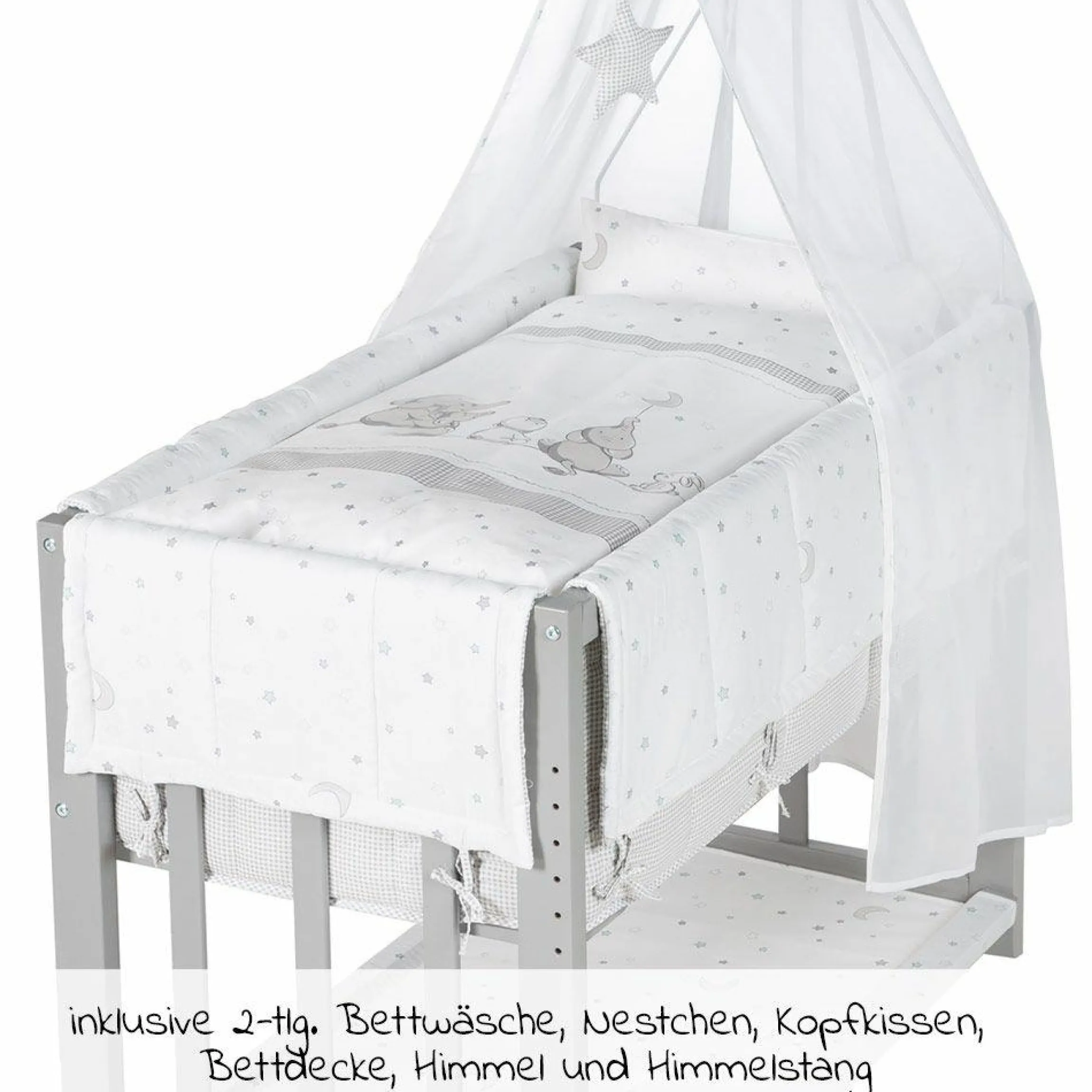 4in1 Stubenbett, Beistellbett, Wiege und Bank & Textile-Ausstattung - Sternenzauber - Grau