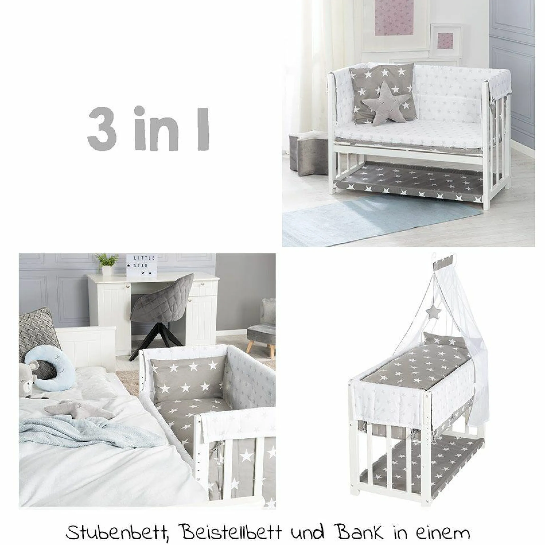 3in1 Stubenbett, Beistellbett, Bank & Textile-Ausstattung - Little Stars - Weiß