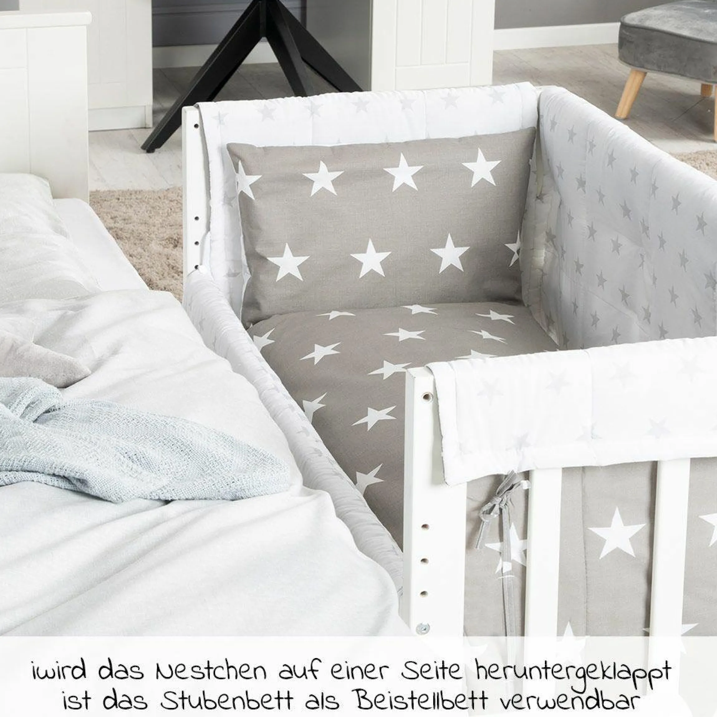 3in1 Stubenbett, Beistellbett, Bank & Textile-Ausstattung - Little Stars - Weiß