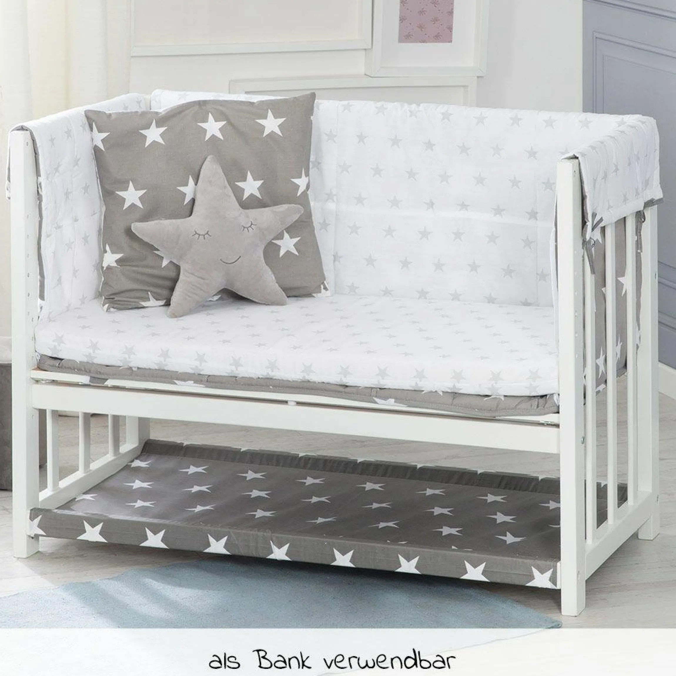 3in1 Stubenbett, Beistellbett, Bank & Textile-Ausstattung - Little Stars - Weiß