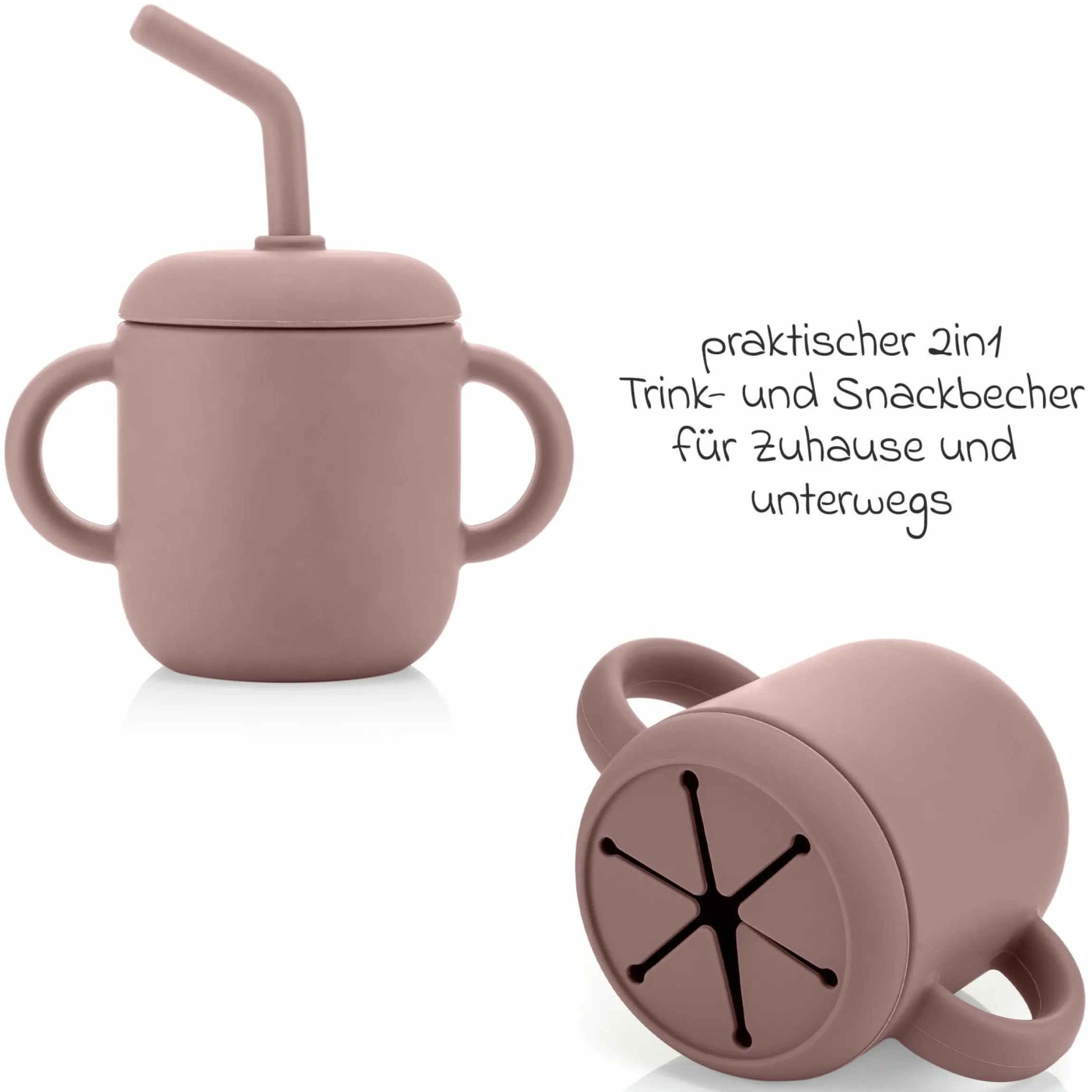 2in1 Trink- und Snackbecher mit Trinkhalm aus 100% lebensmittelechtes Silikon - Rosa