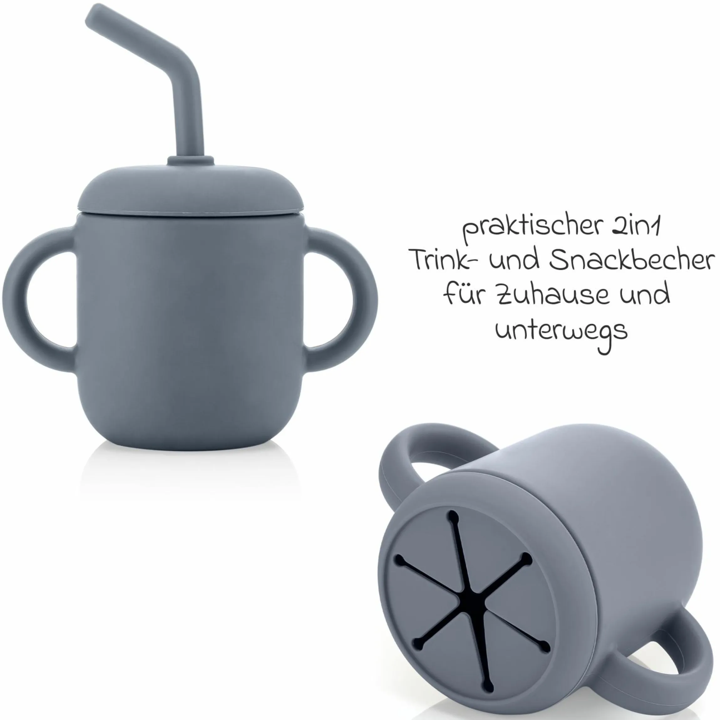 2in1 Trink- und Snackbecher mit Trinkhalm aus 100% lebensmittelechtes Silikon - Blau