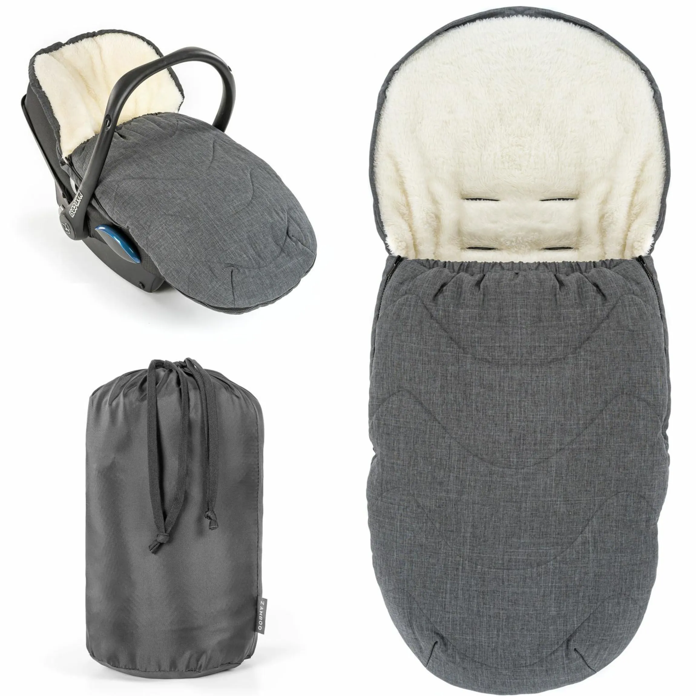 2in1 Universal-Fleece-Fußsack Sitzauflage und Fußsack mit Kapuze für Babyschale, Babywanne und Buggy, inkl. Tasche - Grau