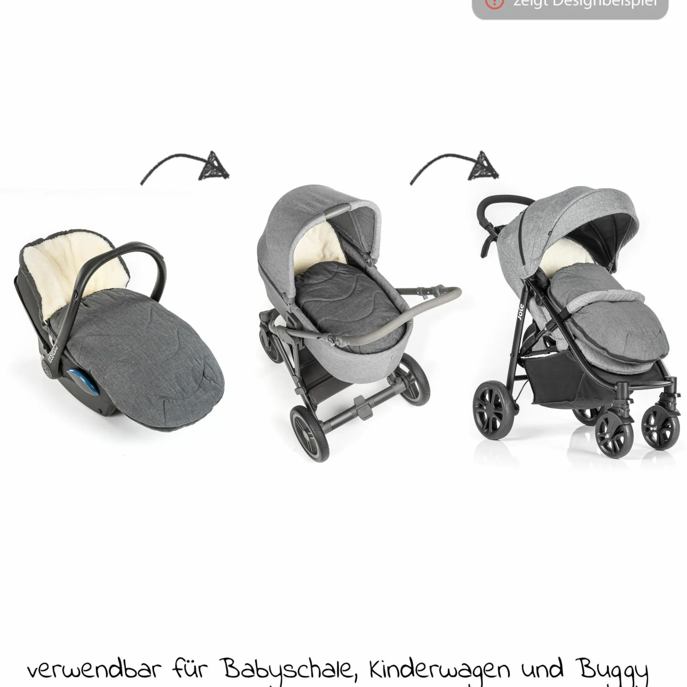 2in1 Universal-Fleece-Fußsack Sitzauflage und Fußsack mit Kapuze für Babyschale, Babywanne und Buggy, inkl. Tasche - Grau