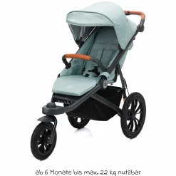 Jogger & Sportwagen Run mit Babywanne bis 22 kg belastbar mit Lufträder, Knickschieber, Liegeposition & Handbremse - Salbei Melange