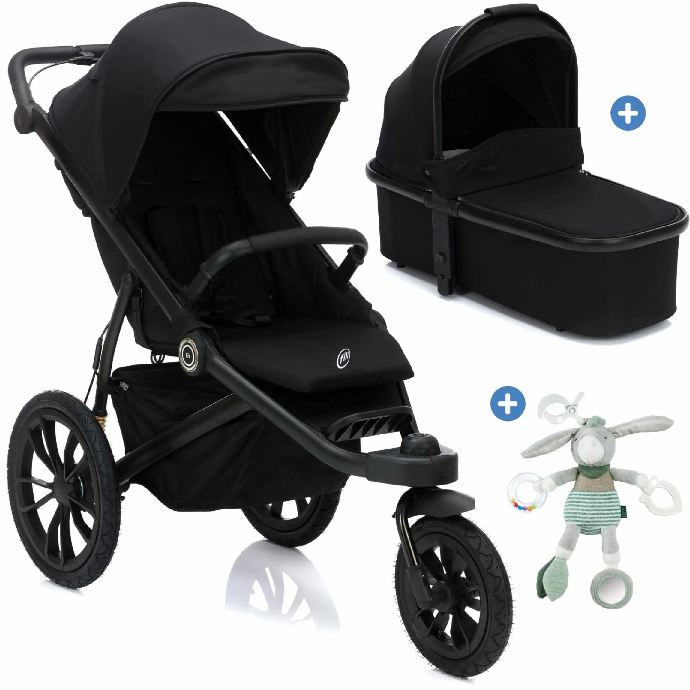 Jogger & Sportwagen Run mit Babywanne bis 22 kg belastbar mit Lufträder, Knickschieber, Liegeposition & Handbremse - Schwarz Melange