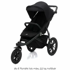Jogger & Sportwagen Run mit Babywanne bis 22 kg belastbar mit Lufträder, Knickschieber, Liegeposition & Handbremse - Schwarz Melange