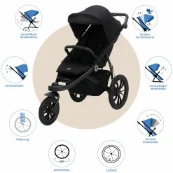 Jogger & Sportwagen Run mit Babywanne bis 22 kg belastbar mit Lufträder, Knickschieber, Liegeposition & Handbremse - Schwarz Melange