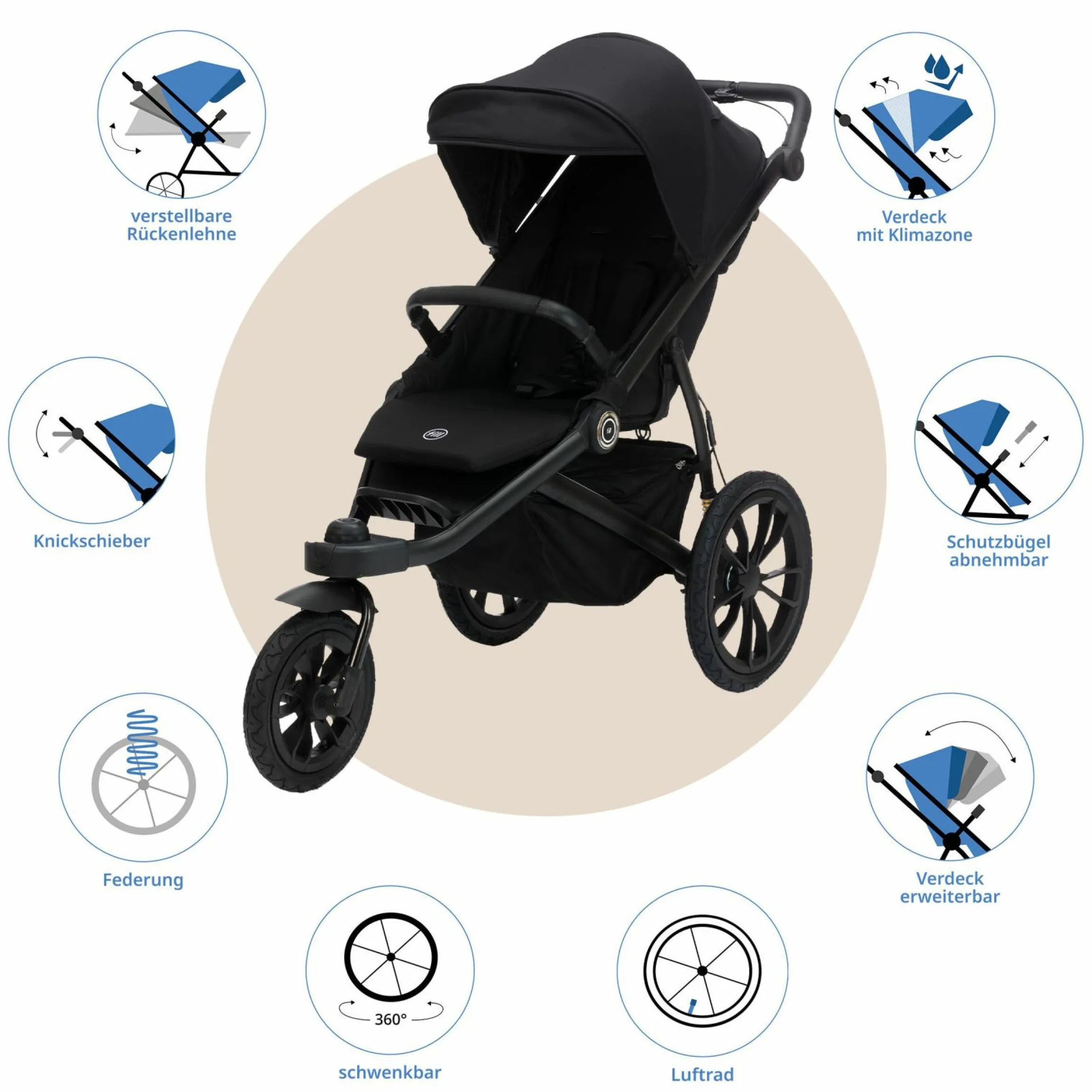 Jogger & Sportwagen Run mit Babywanne bis 22 kg belastbar mit Lufträder, Knickschieber, Liegeposition & Handbremse - Schwarz Melange