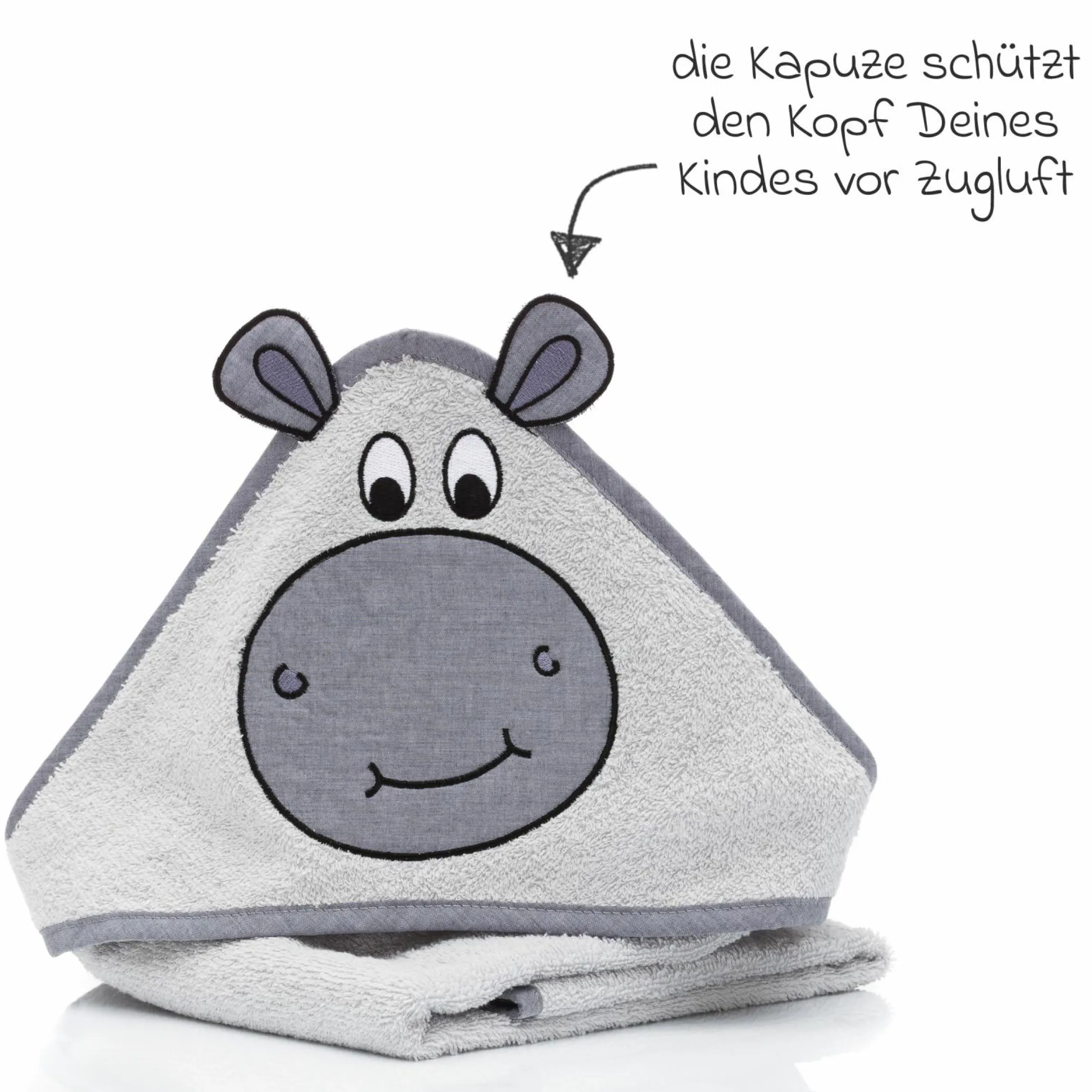Kapuzenbadetuch mit Nilpferdaplikation auf der Kapuze 75 x 75 cm - Grau