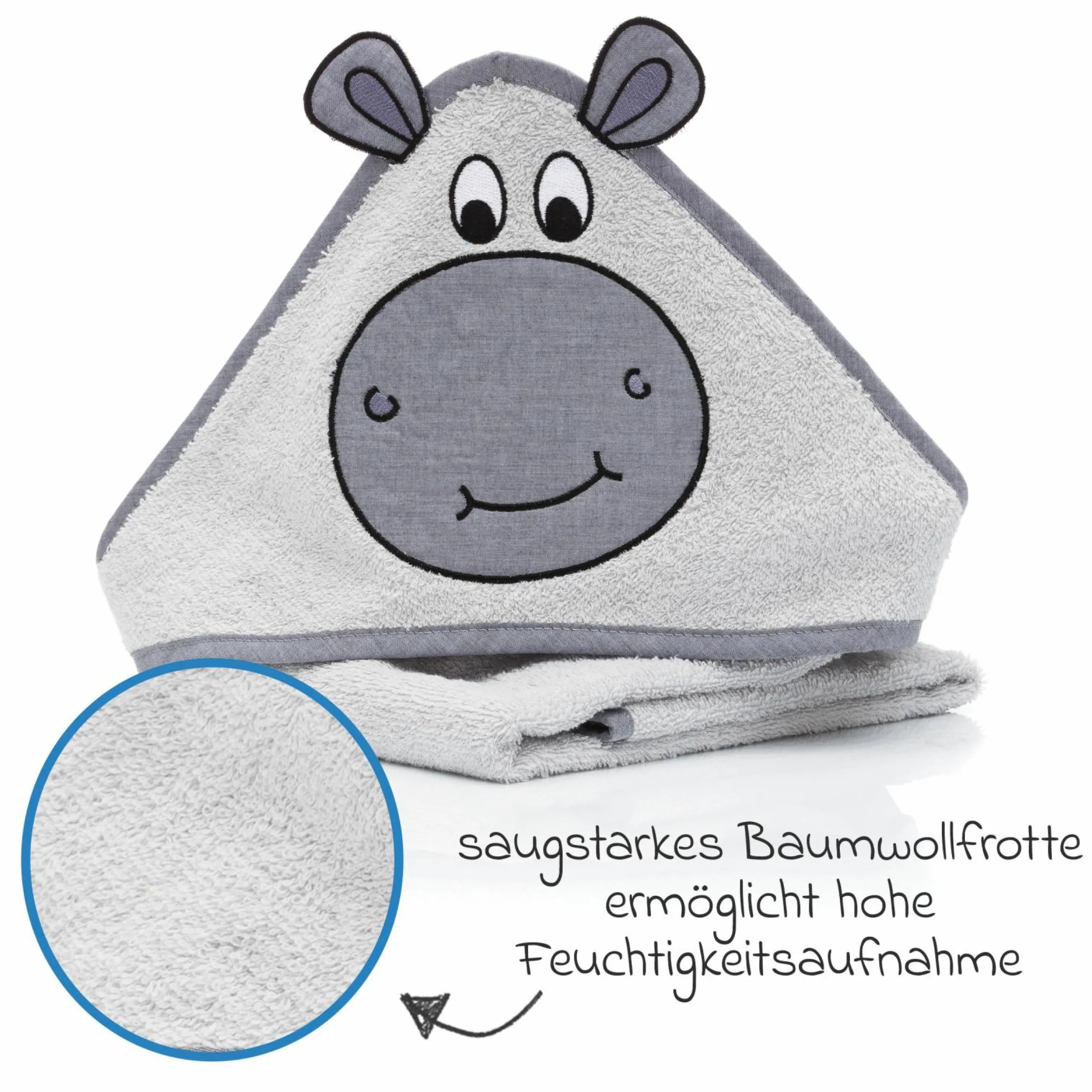 Kapuzenbadetuch mit Nilpferdaplikation auf der Kapuze 75 x 75 cm - Grau