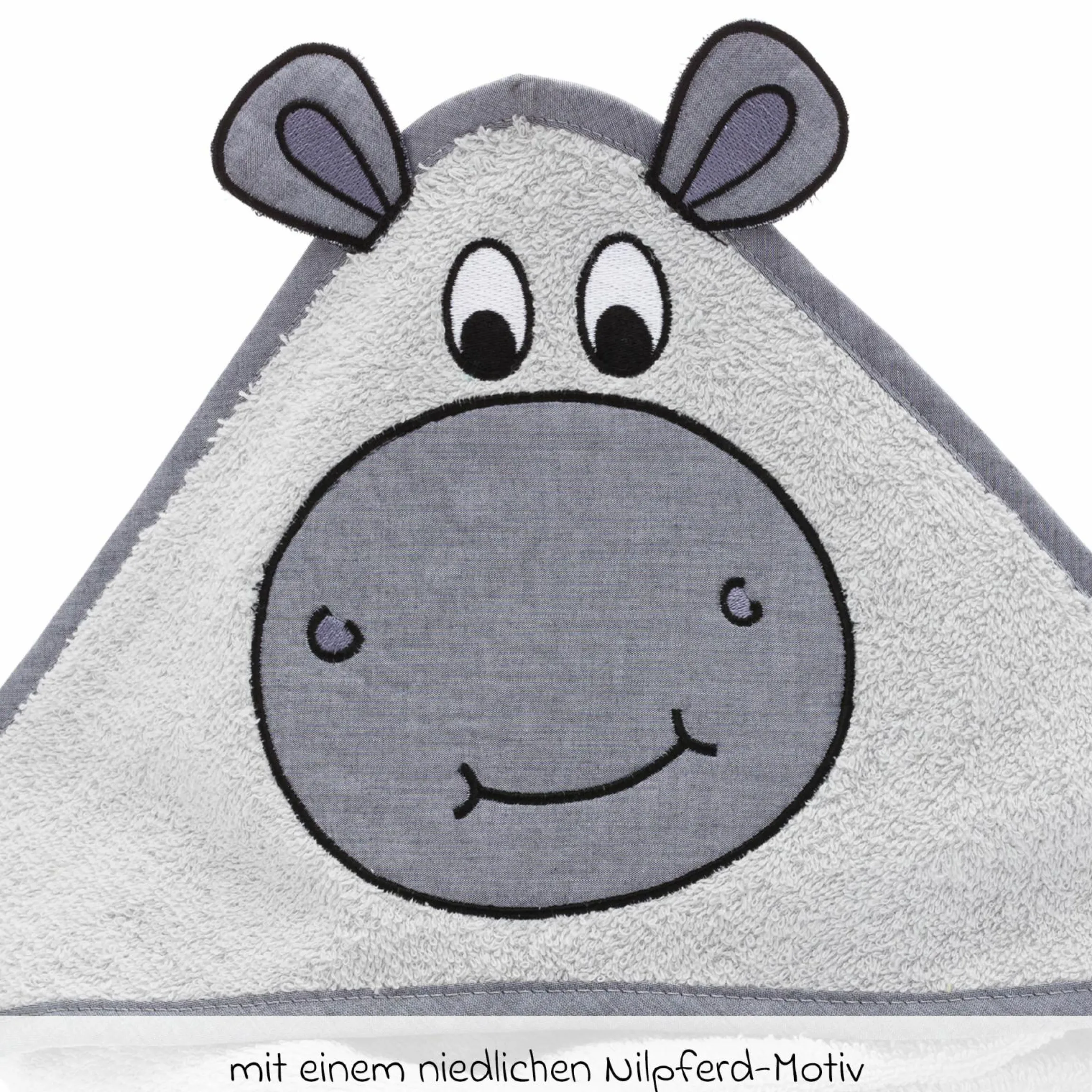 Kapuzenbadetuch mit Nilpferdaplikation auf der Kapuze 75 x 75 cm - Grau
