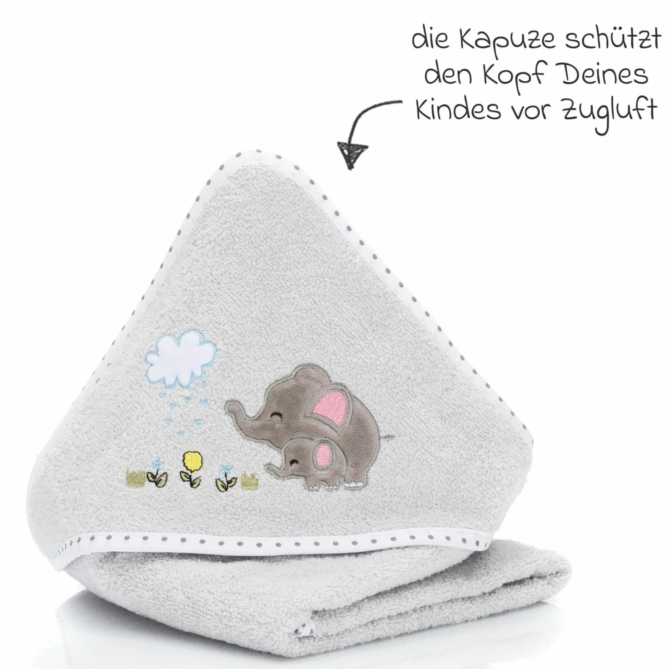 Kapuzentuch mit Elefantenmotiv auf der Kapuze 75 x 75 cm - Hellgrau