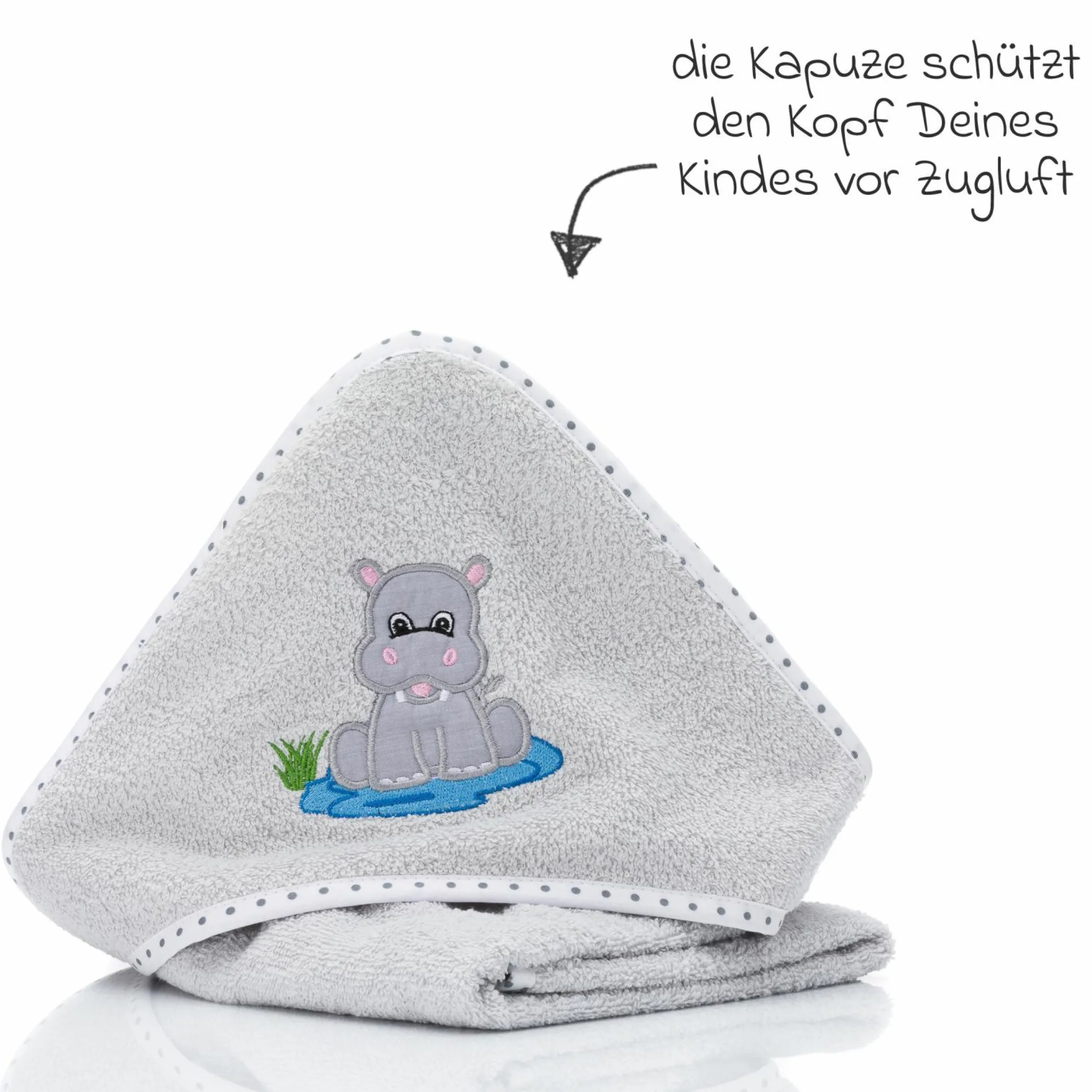 Kapuzentuch mit Nilpferdmotiv auf der Kapuze 75 x 75 cm - Hellgrau