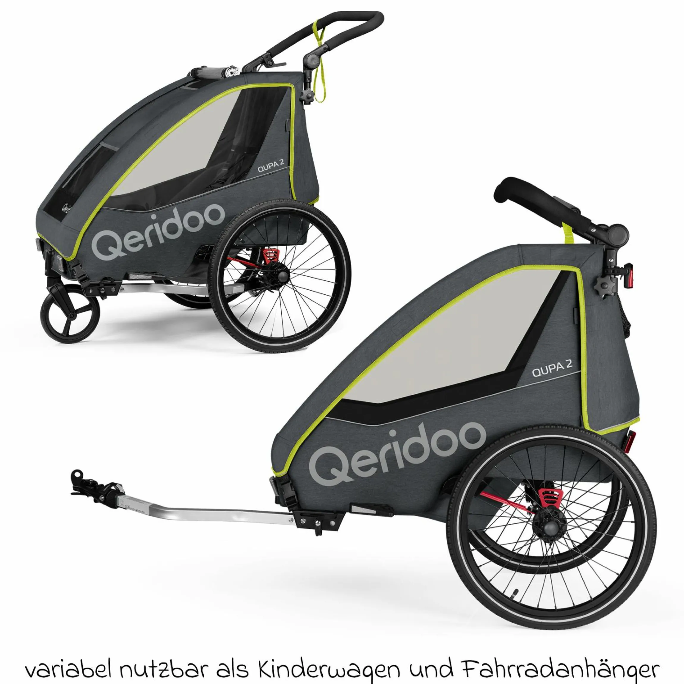 Kinderfahrradanhänger & Buggy QUPA 2 für 2 Kinder mit Kupplung, Blattfeder-Dämpfsystem (bis 60 kg) - Lime