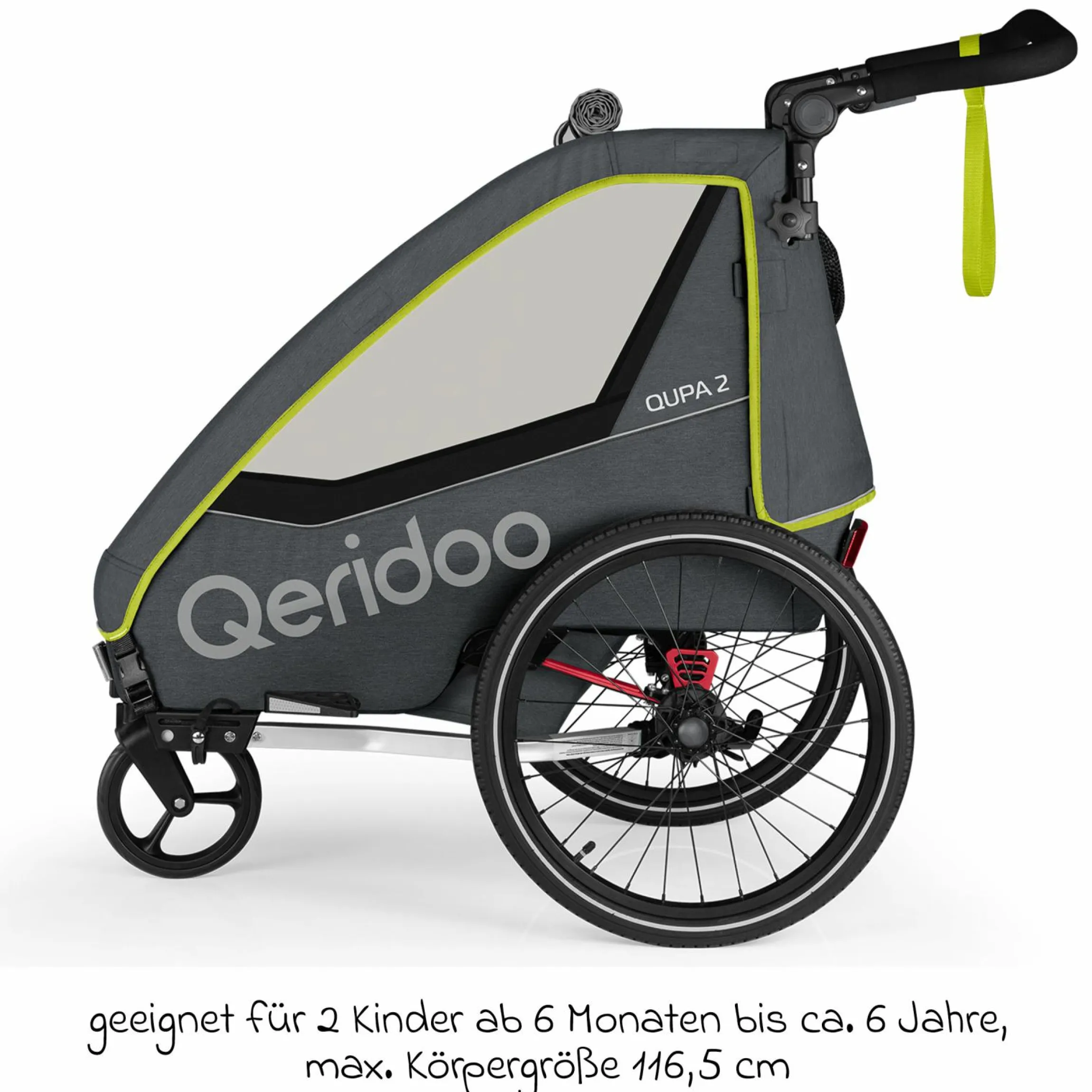 Kinderfahrradanhänger & Buggy QUPA 2 für 2 Kinder mit Kupplung, Blattfeder-Dämpfsystem (bis 60 kg) - Lime