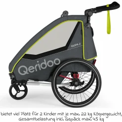 Kinderfahrradanhänger & Buggy QUPA 2 für 2 Kinder mit Kupplung, Blattfeder-Dämpfsystem (bis 60 kg) - Lime