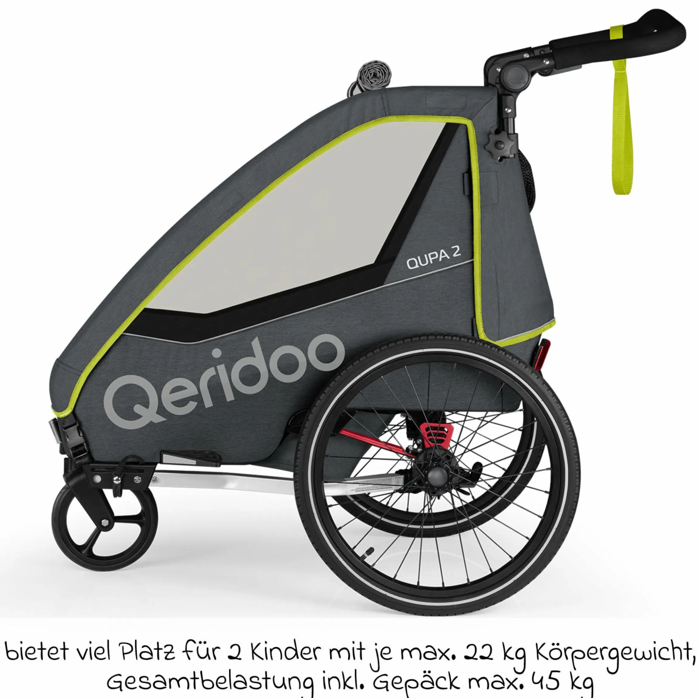 Kinderfahrradanhänger & Buggy QUPA 2 für 2 Kinder mit Kupplung, Blattfeder-Dämpfsystem (bis 60 kg) - Lime