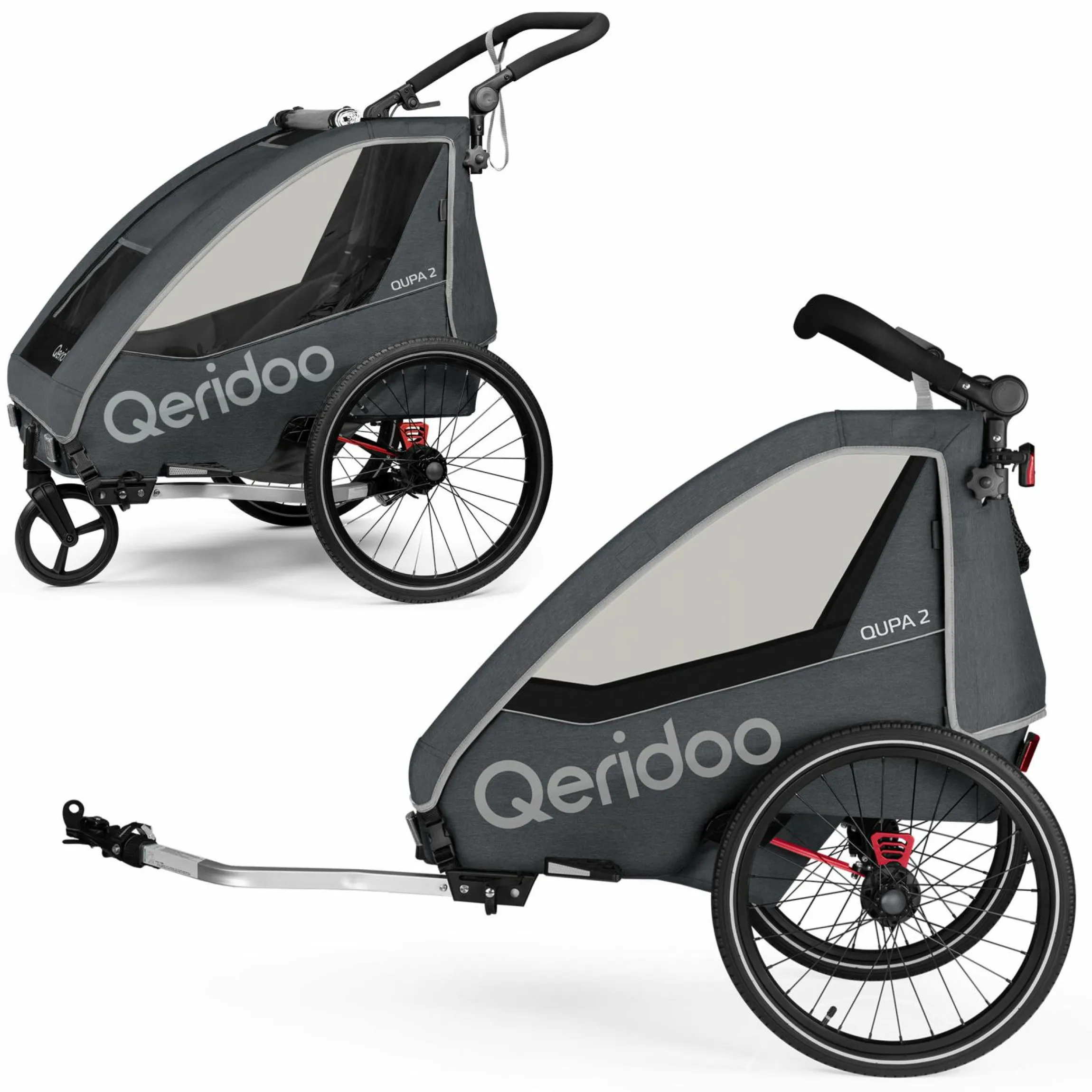 Kinderfahrradanhänger & Buggy QUPA 2 für 2 Kinder (bis 60 kg) mit Kupplung, Blattfeder-Dämpfsystem - Grey