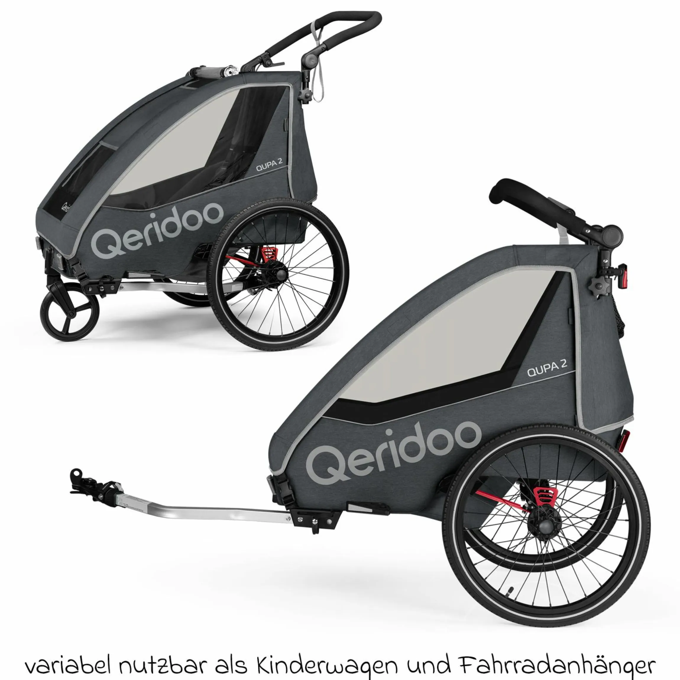 Kinderfahrradanhänger & Buggy QUPA 2 für 2 Kinder (bis 60 kg) mit Kupplung, Blattfeder-Dämpfsystem - Grey