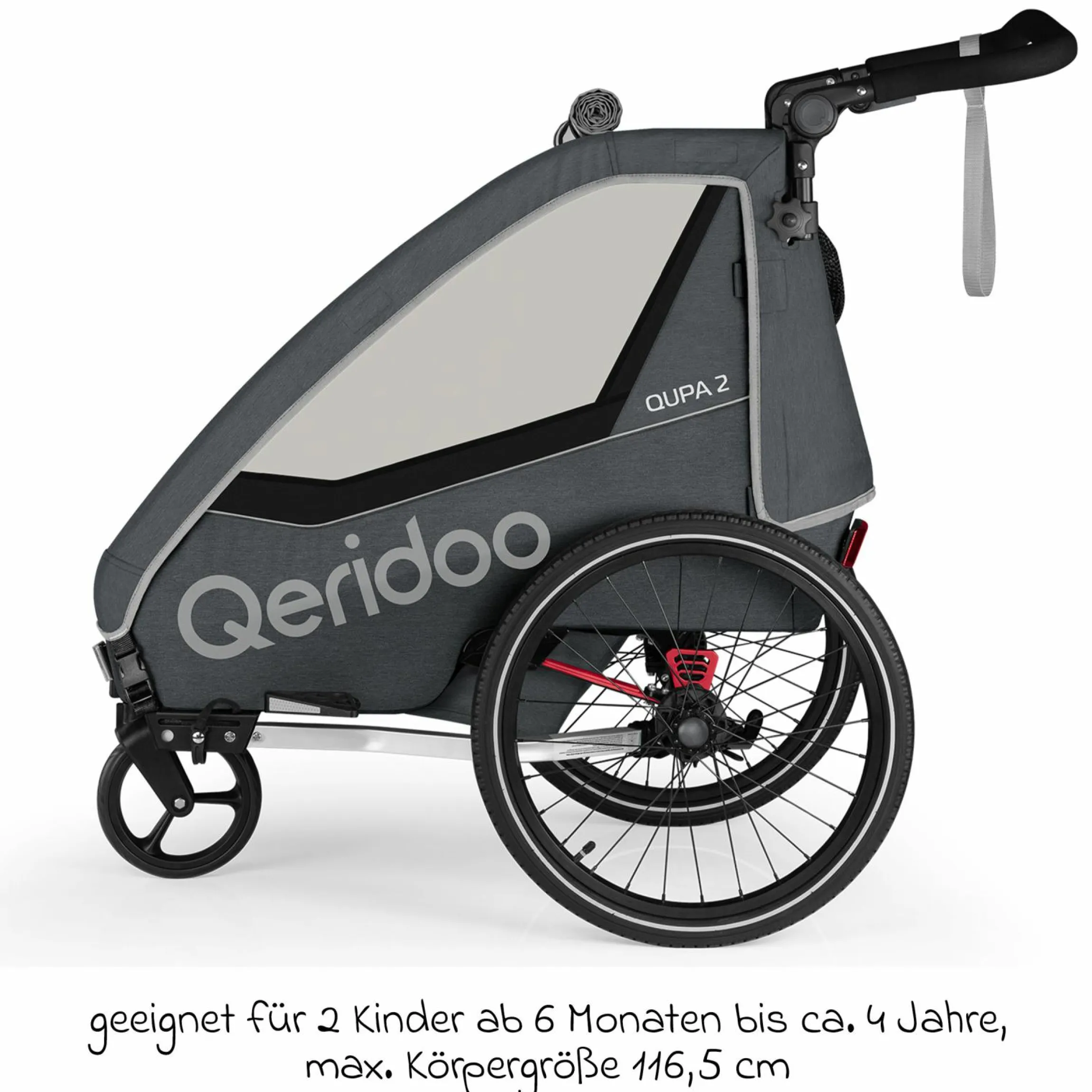 Kinderfahrradanhänger & Buggy QUPA 2 für 2 Kinder (bis 60 kg) mit Kupplung, Blattfeder-Dämpfsystem - Grey