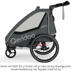 Kinderfahrradanhänger & Buggy QUPA 2 für 2 Kinder (bis 60 kg) mit Kupplung, Blattfeder-Dämpfsystem - Grey