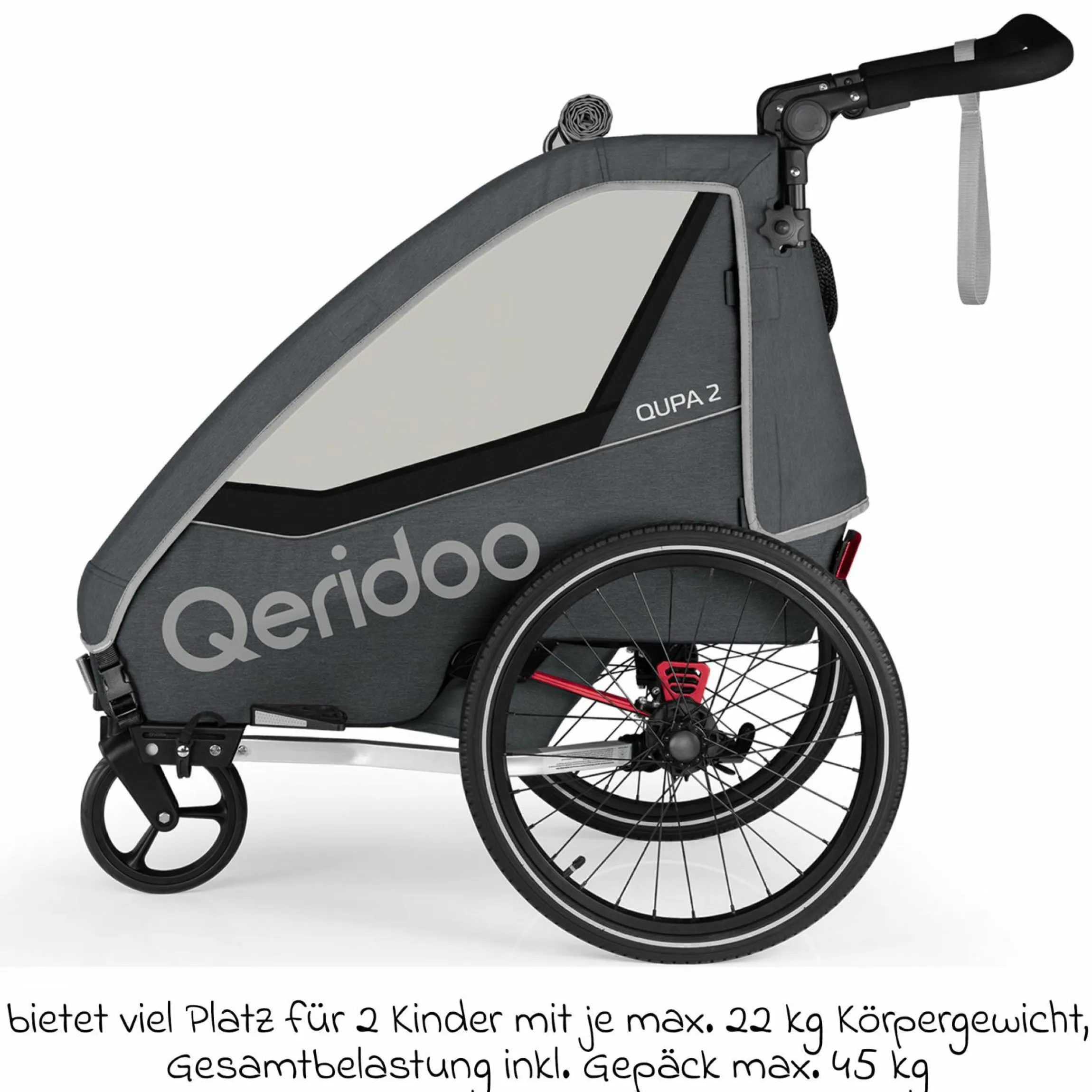 Kinderfahrradanhänger & Buggy QUPA 2 für 2 Kinder (bis 60 kg) mit Kupplung, Blattfeder-Dämpfsystem - Grey