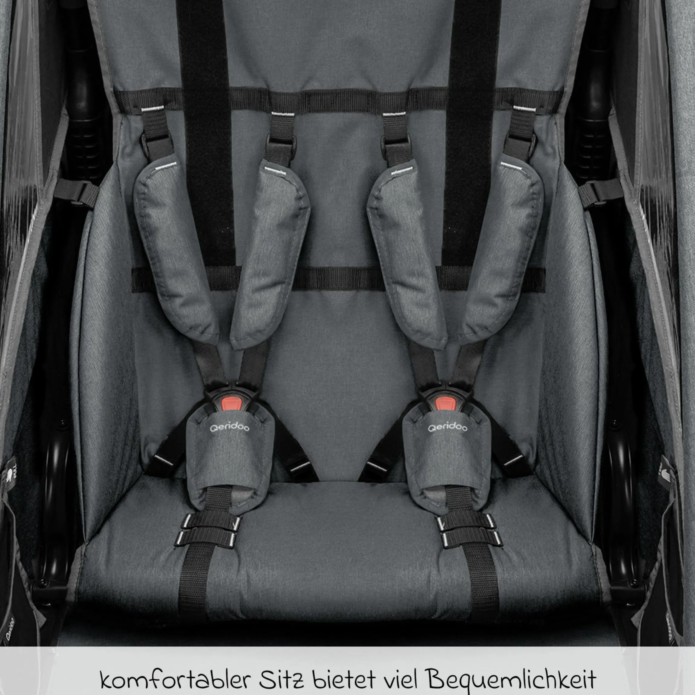 Kinderfahrradanhänger & Buggy QUPA 2 für 2 Kinder (bis 60 kg) mit Kupplung, Blattfeder-Dämpfsystem - Grey