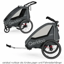 Kinderfahrradanhänger & Buggy QUPA 1 für 1 Kind mit Kupplung, Blattfeder-Dämpfsystem (bis 50 kg) - Grey