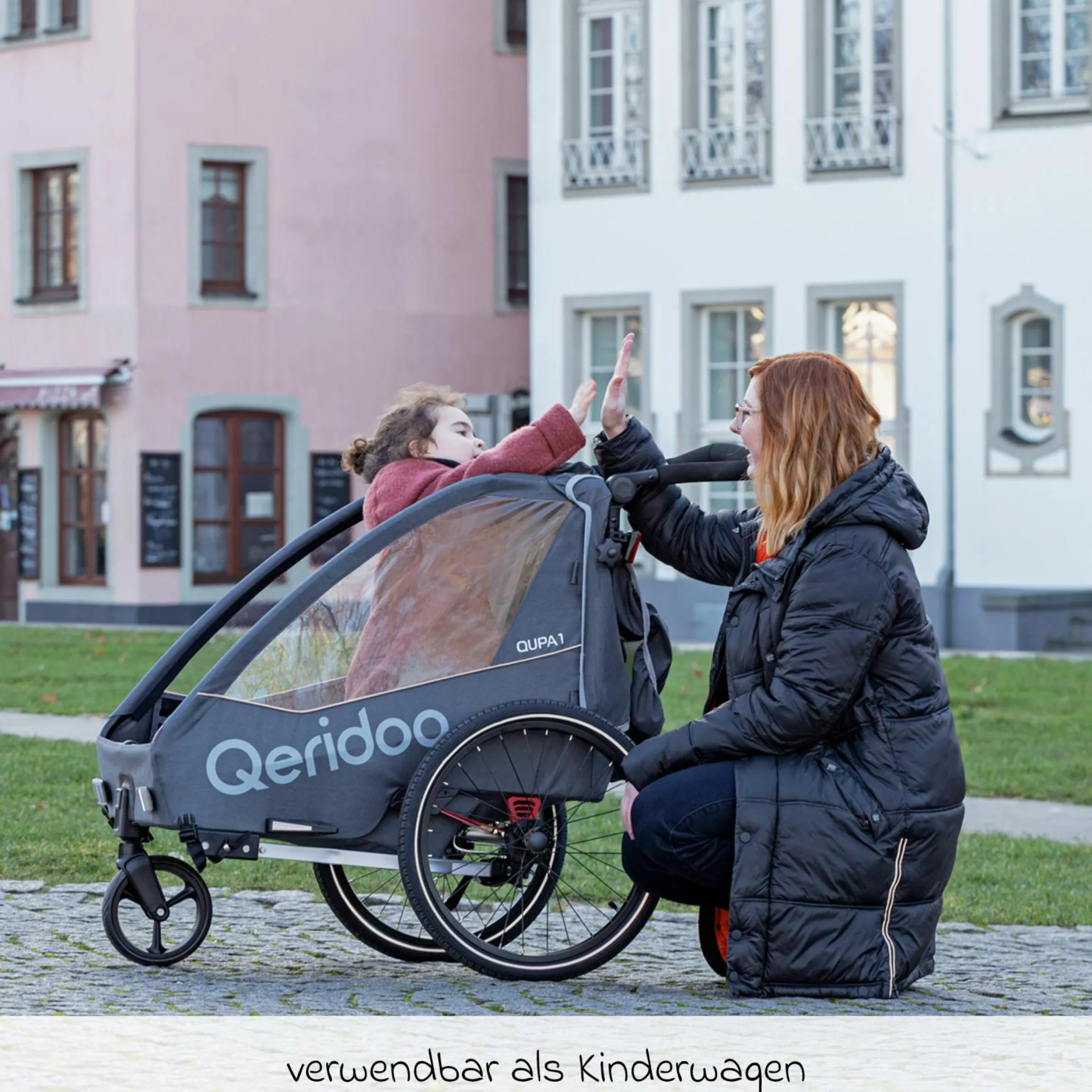Kinderfahrradanhänger & Buggy QUPA 1 für 1 Kind mit Kupplung, Blattfeder-Dämpfsystem (bis 50 kg) - Grey