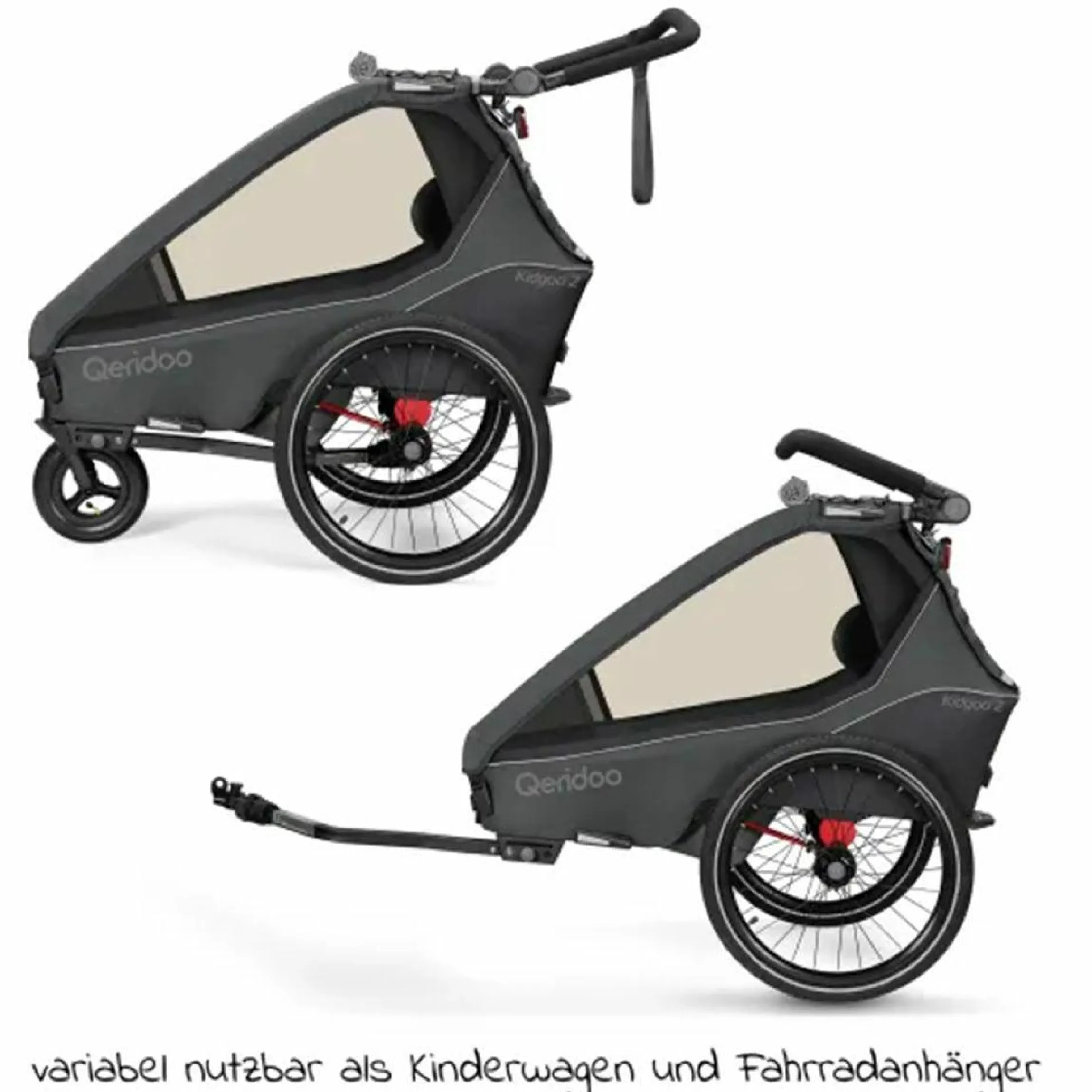 Kinderfahrradanhänger & Buggy Kidgoo 2 für 2 Kinder (bis 60 kg) mit Kupplung, Dämpfsystem, XL-Kofferraum - Steel Grey