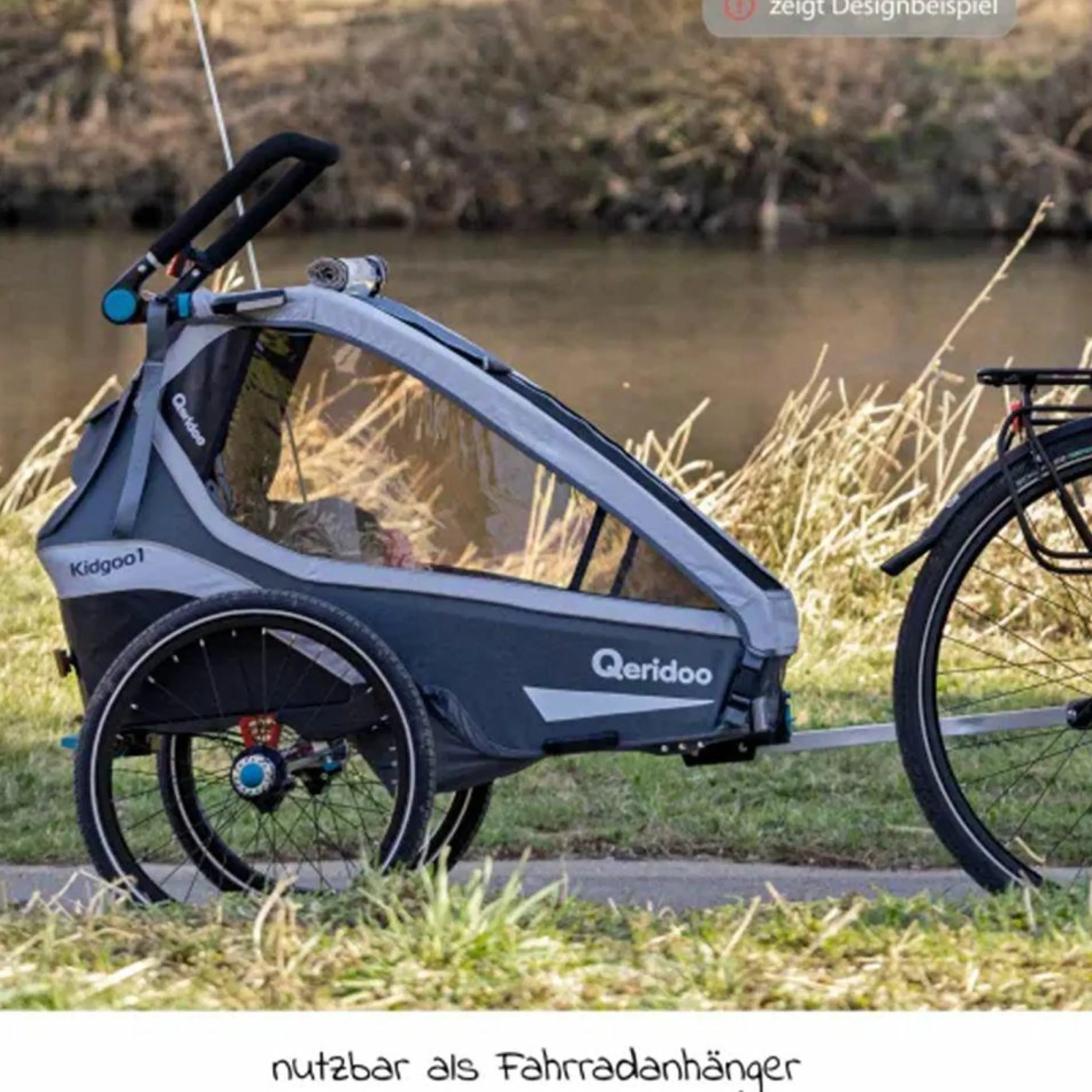 Kinderfahrradanhänger & Buggy Kidgoo 2 für 2 Kinder (bis 60 kg) mit Kupplung, Dämpfsystem, XL-Kofferraum - Steel Grey