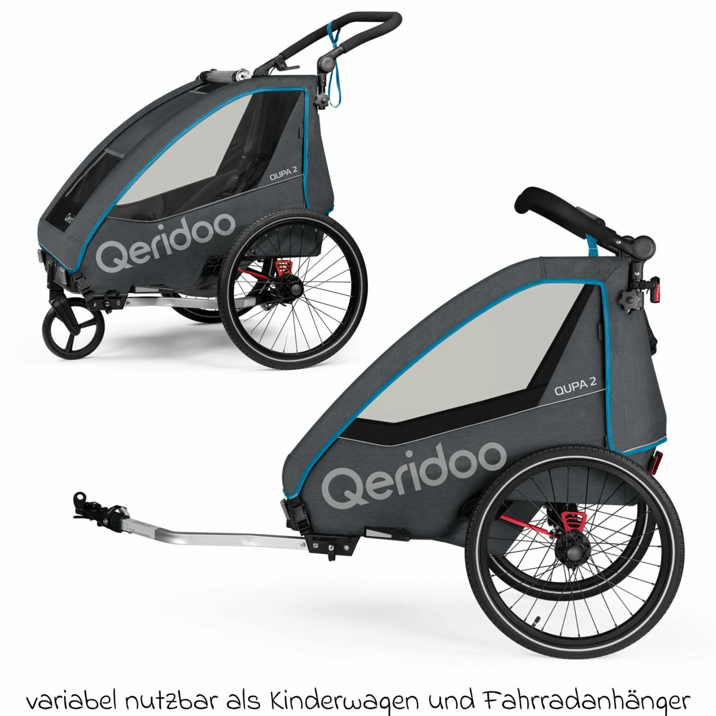 Kinderfahrradanhänger & Buggy QUPA 2 für 2 Kinder mit Kupplung, Blattfeder-Dämpfsystem (bis 60 kg) - Blue