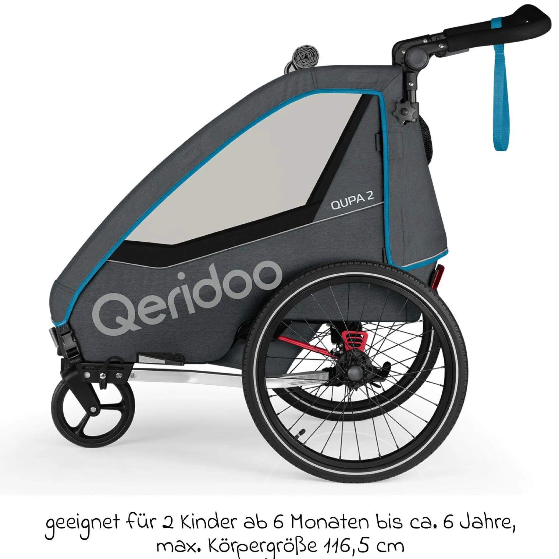 Kinderfahrradanhänger & Buggy QUPA 2 für 2 Kinder mit Kupplung, Blattfeder-Dämpfsystem (bis 60 kg) - Blue