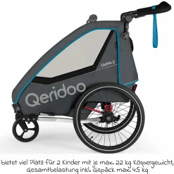 Kinderfahrradanhänger & Buggy QUPA 2 für 2 Kinder mit Kupplung, Blattfeder-Dämpfsystem (bis 60 kg) - Blue
