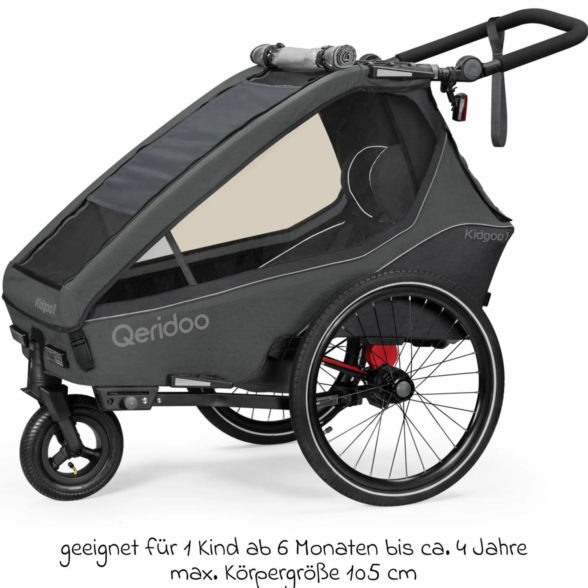 Kinderfahrradanhänger & Buggy Kidgoo 1 für 1 Kind (bis 50 kg) mit Kupplung, Dämpfsystem, XL-Kofferraum - Steel Grey