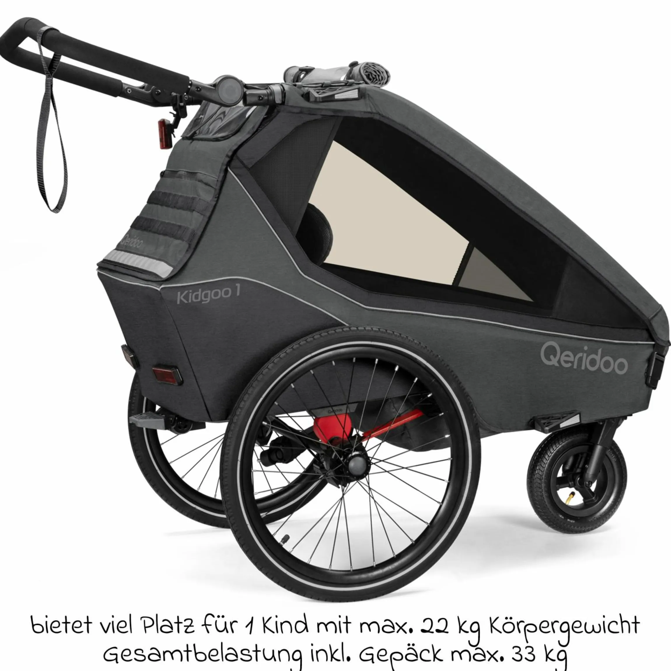 Kinderfahrradanhänger & Buggy Kidgoo 1 für 1 Kind (bis 50 kg) mit Kupplung, Dämpfsystem, XL-Kofferraum - Steel Grey