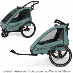 Kinderfahrradanhänger & Buggy Qupa 2 Plus für 2 Kinder (bis 60 kg) mit Kupplung, Blattfeder-Dämpfsystem, 3in1 Verdeck - Mineral Blue