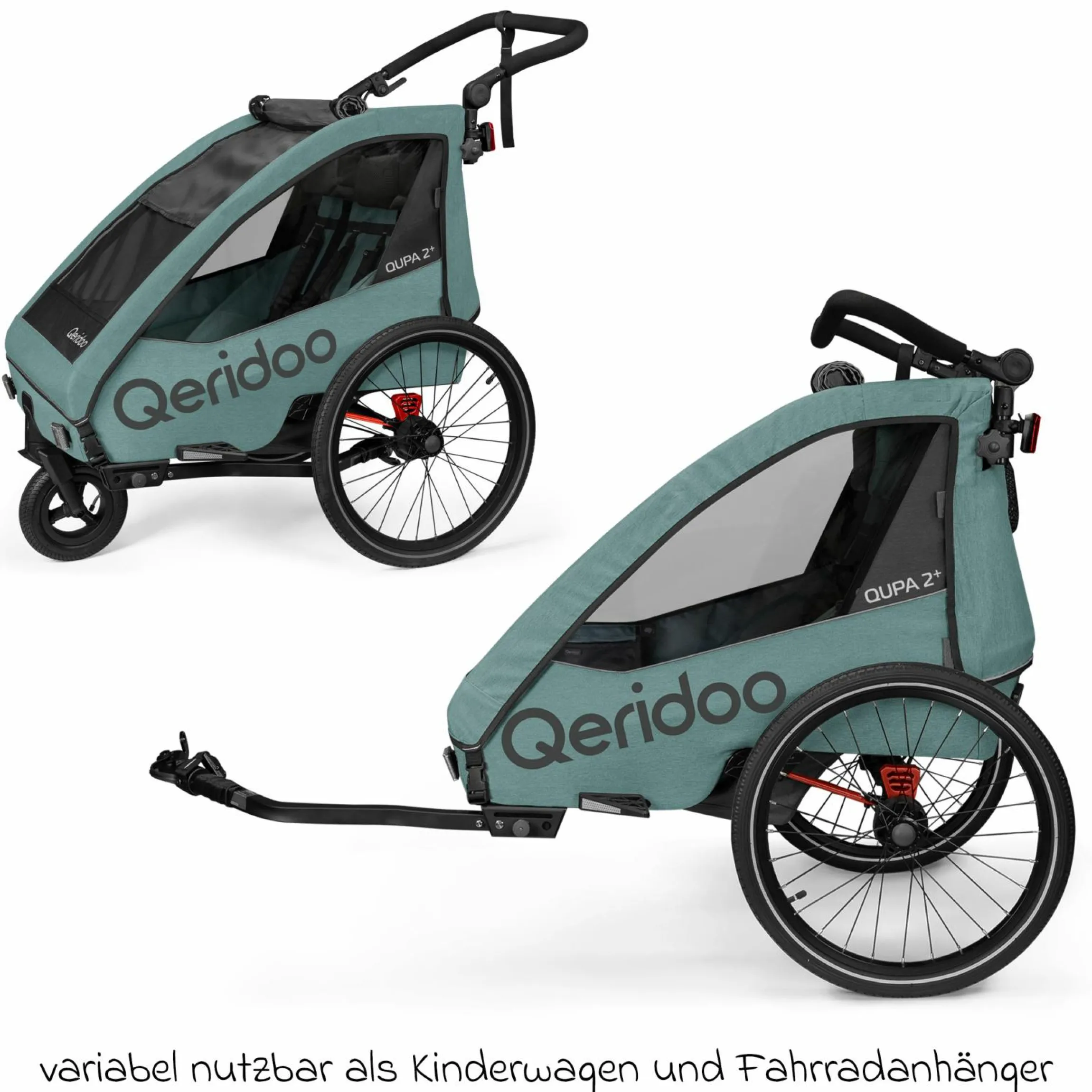 Kinderfahrradanhänger & Buggy Qupa 2 Plus für 2 Kinder (bis 60 kg) mit Kupplung, Blattfeder-Dämpfsystem, 3in1 Verdeck - Mineral Blue